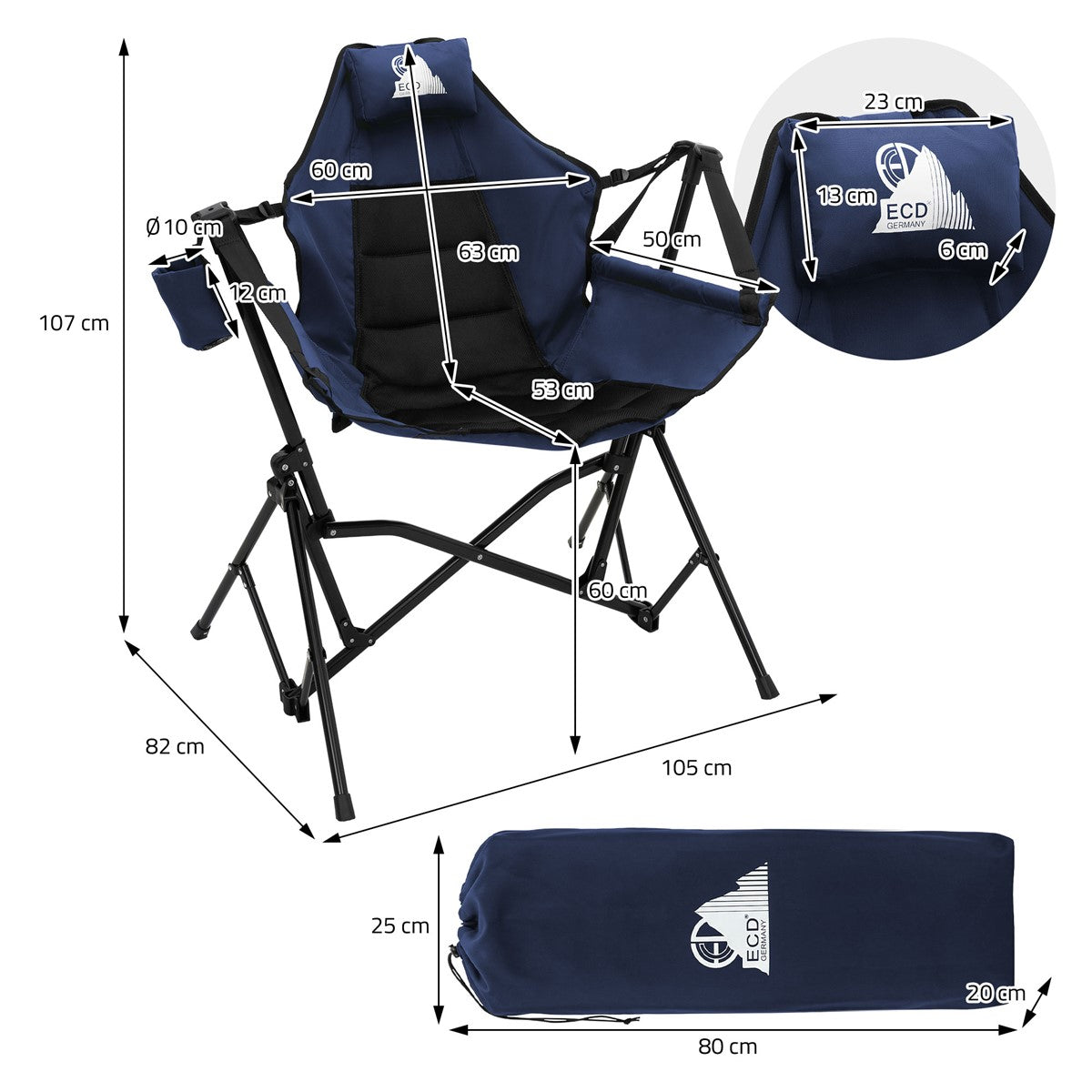 ECD Germany Sport & Freizeit chaise camping bleue avec porte-gobelet