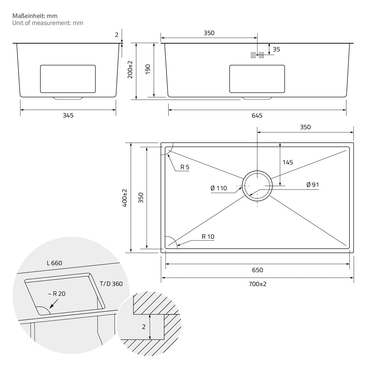 ECD Germany évier encastrable inox 70x40 cm argent