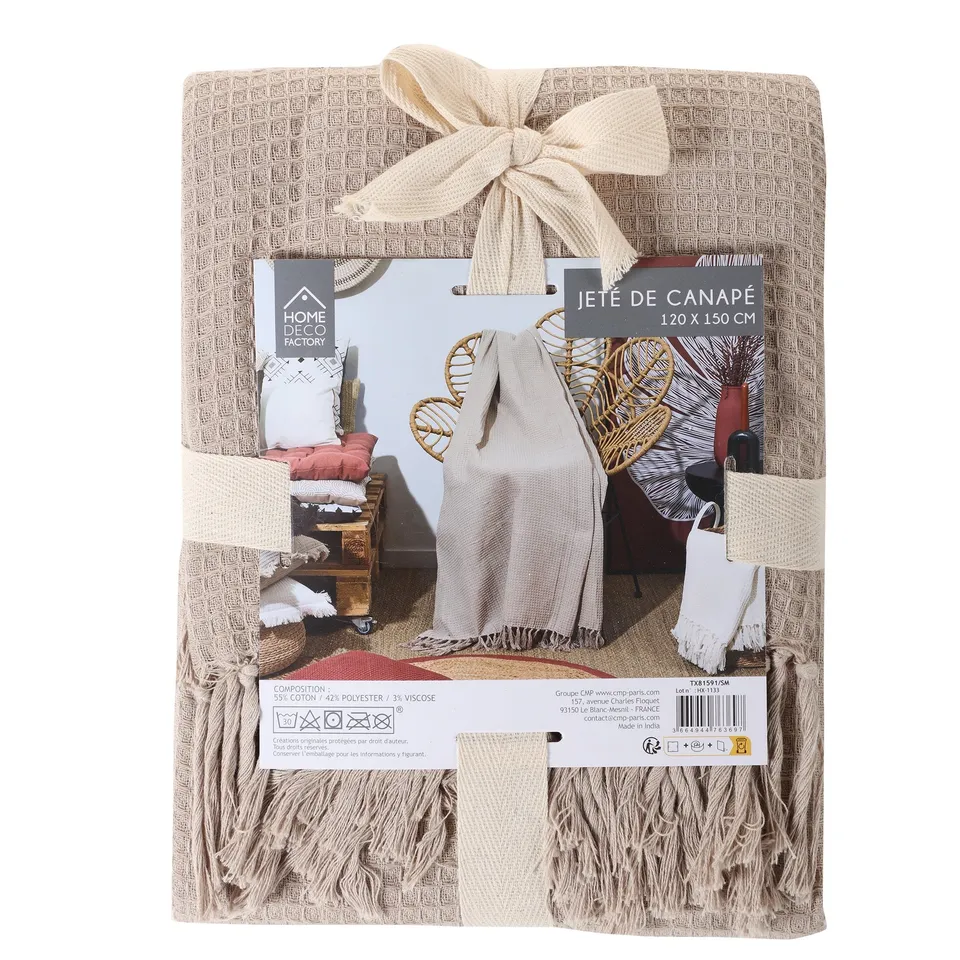 Plaid gaufré coton Beige - Jeté canapé lit