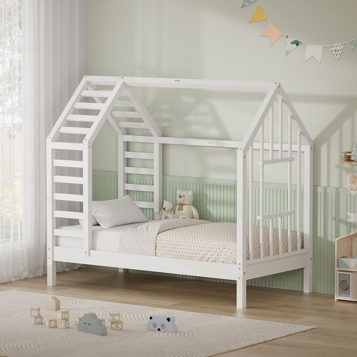 ECD Germany Kinder lit cabane 70x140 blanc pin sommier