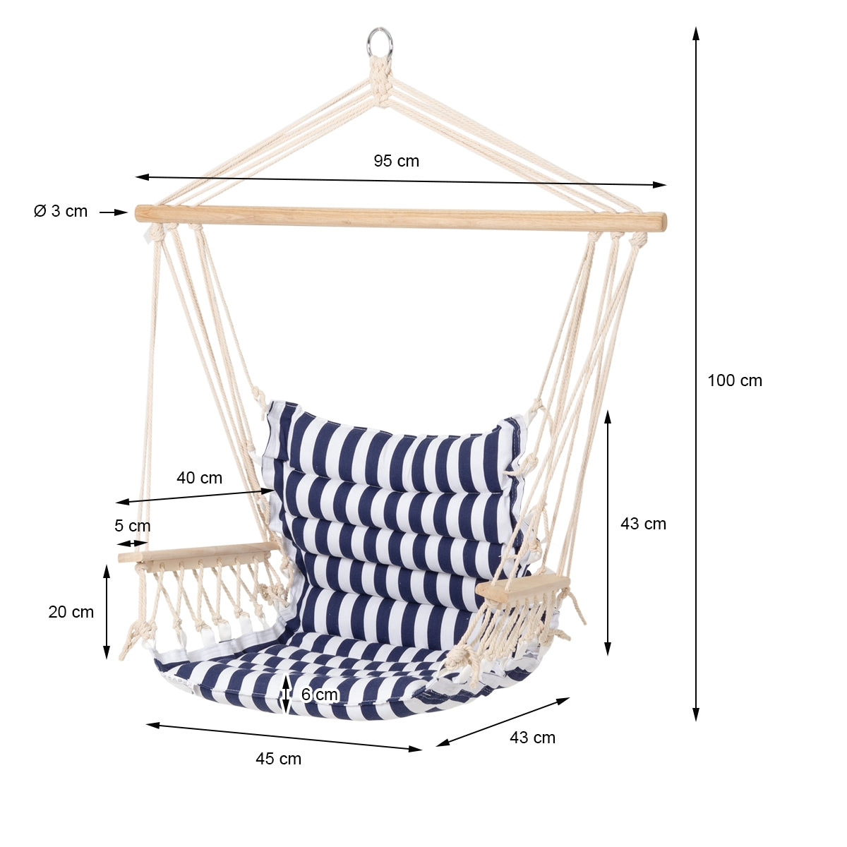 ECD Germany Fauteuil suspendu coton bleu/blanc avec support
