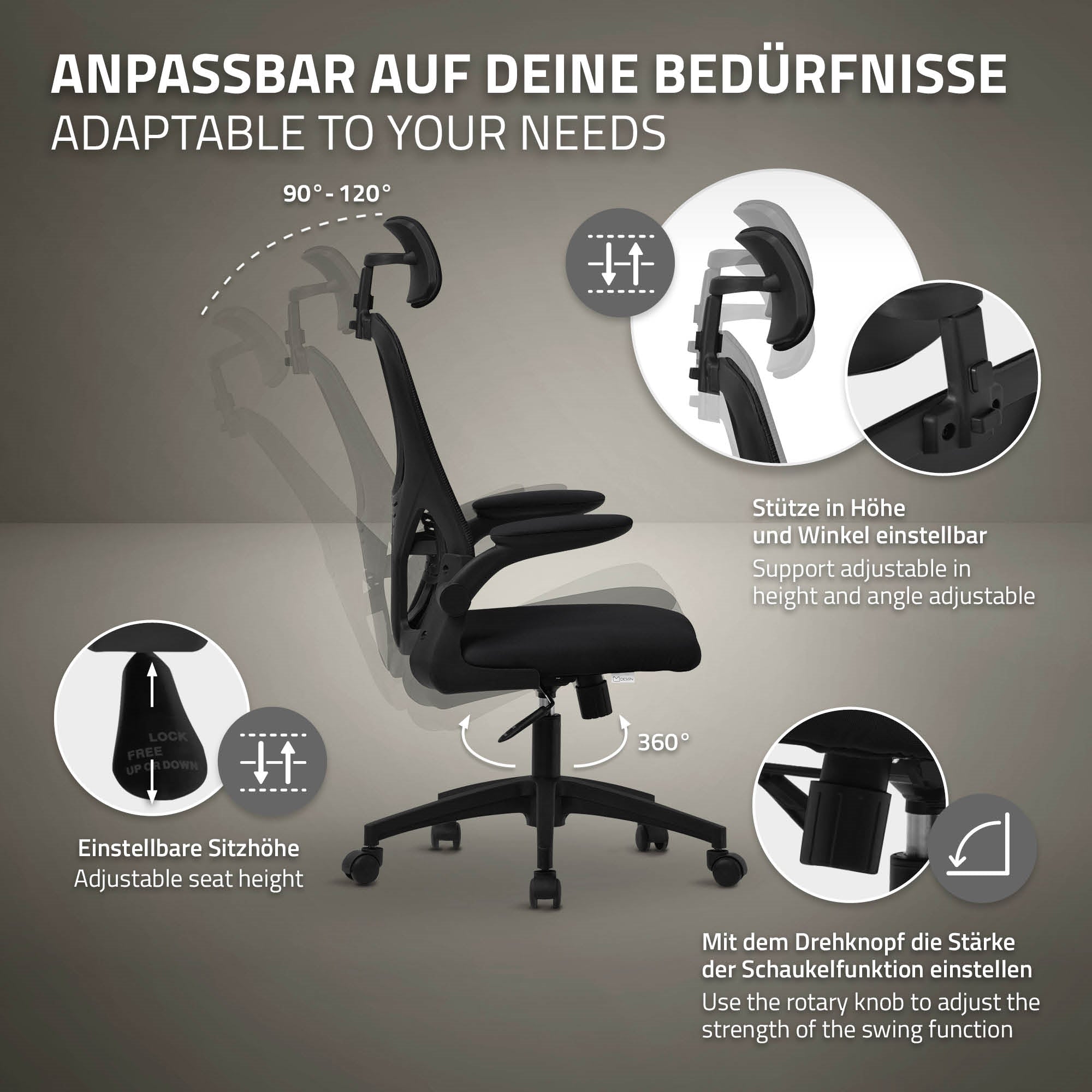 ECD Möbel ML-Design chaise bureau gris ergonomique filet