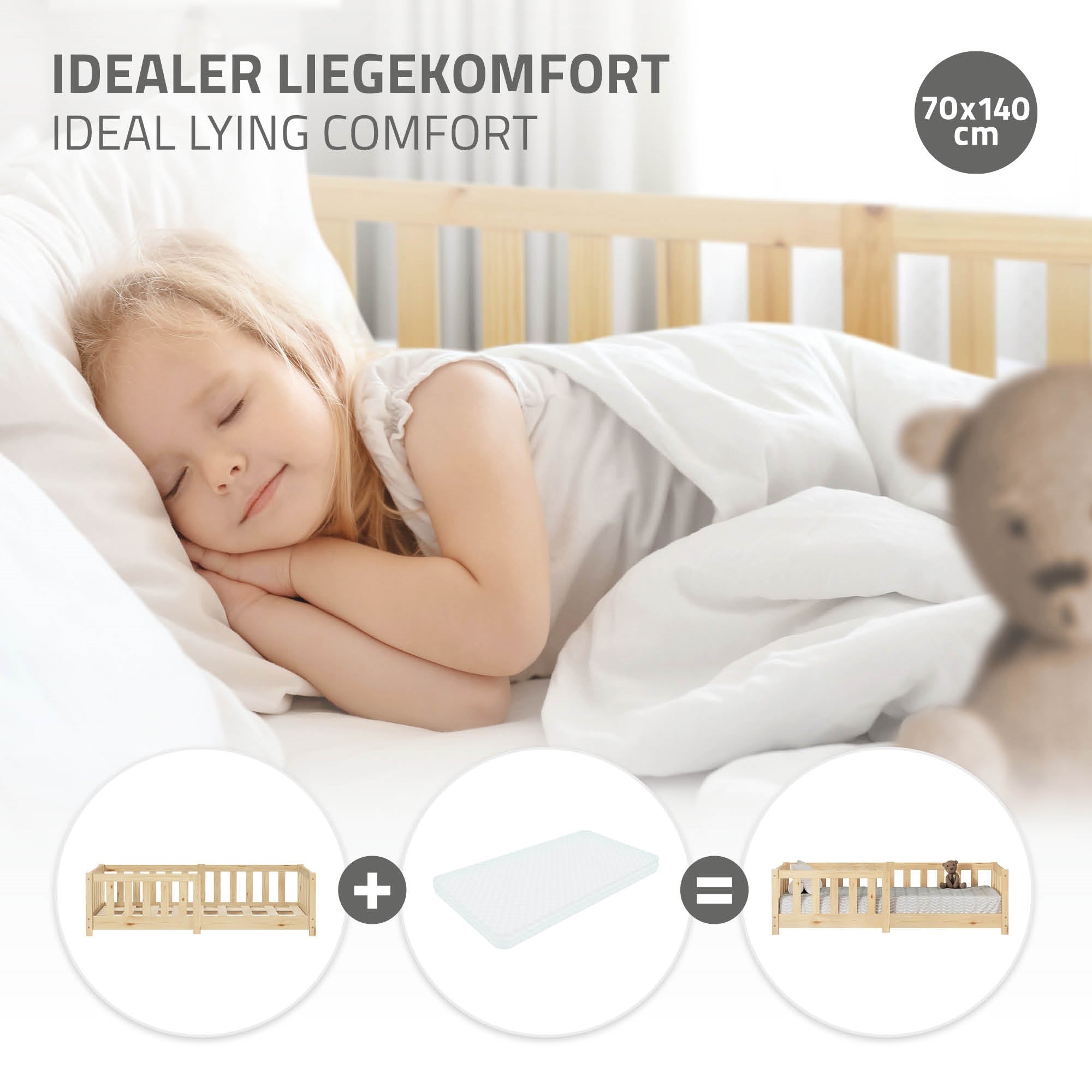 ECD Germany Lit Enfant 70x140 Pin Naturel Barrière Sommier