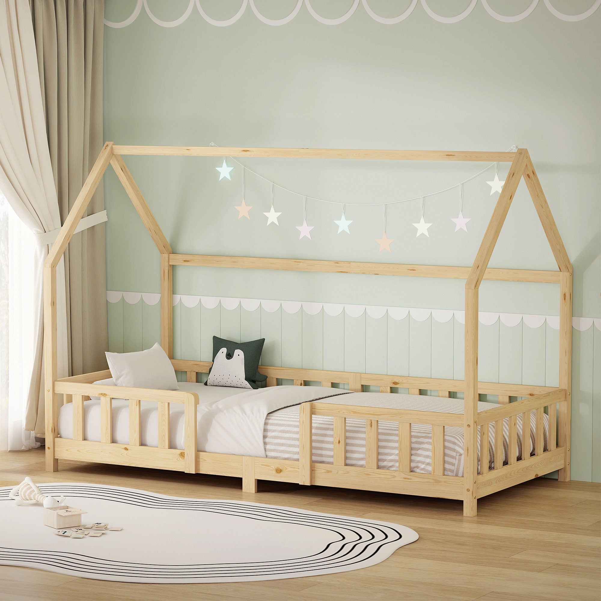 ECD Kinder lit cabane 90x200 naturel barrière sans matelas