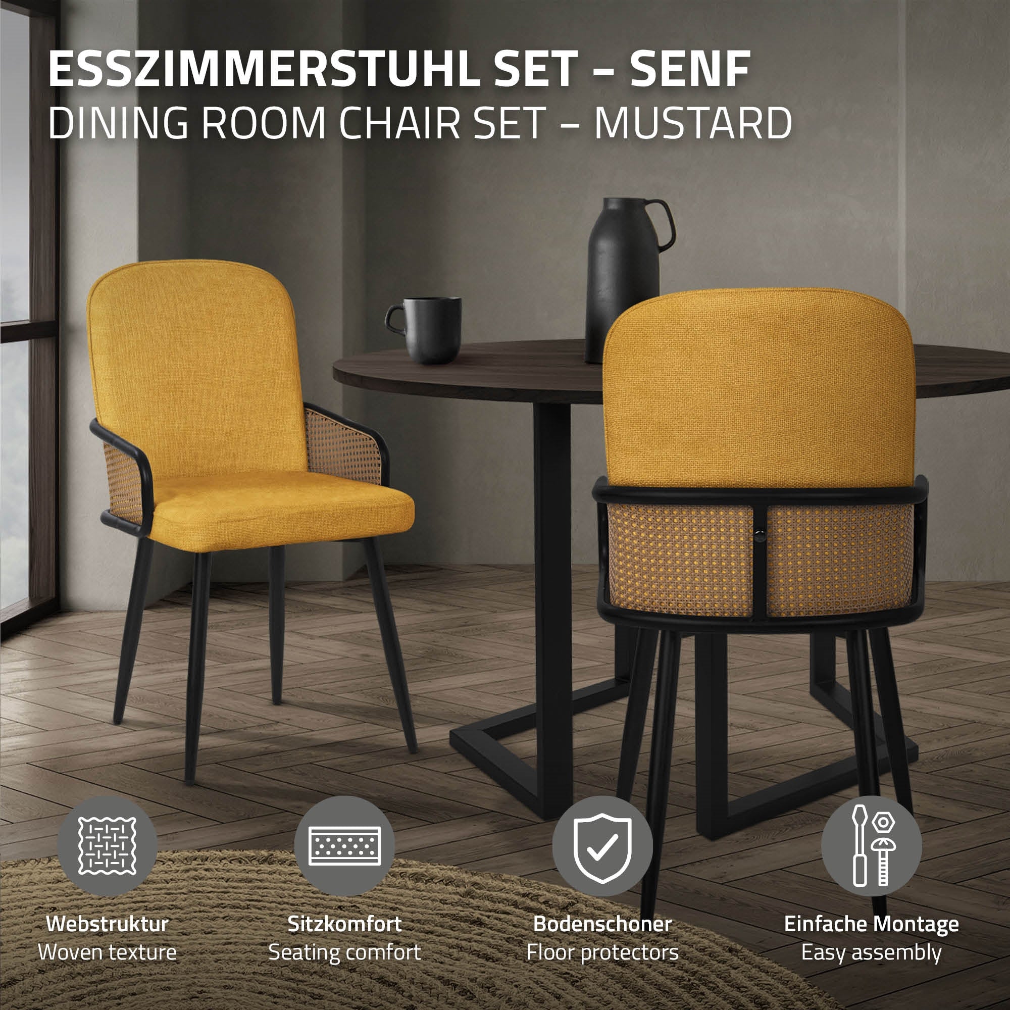 ML-Design chaises salle à manger lot 4 moutarde rotin