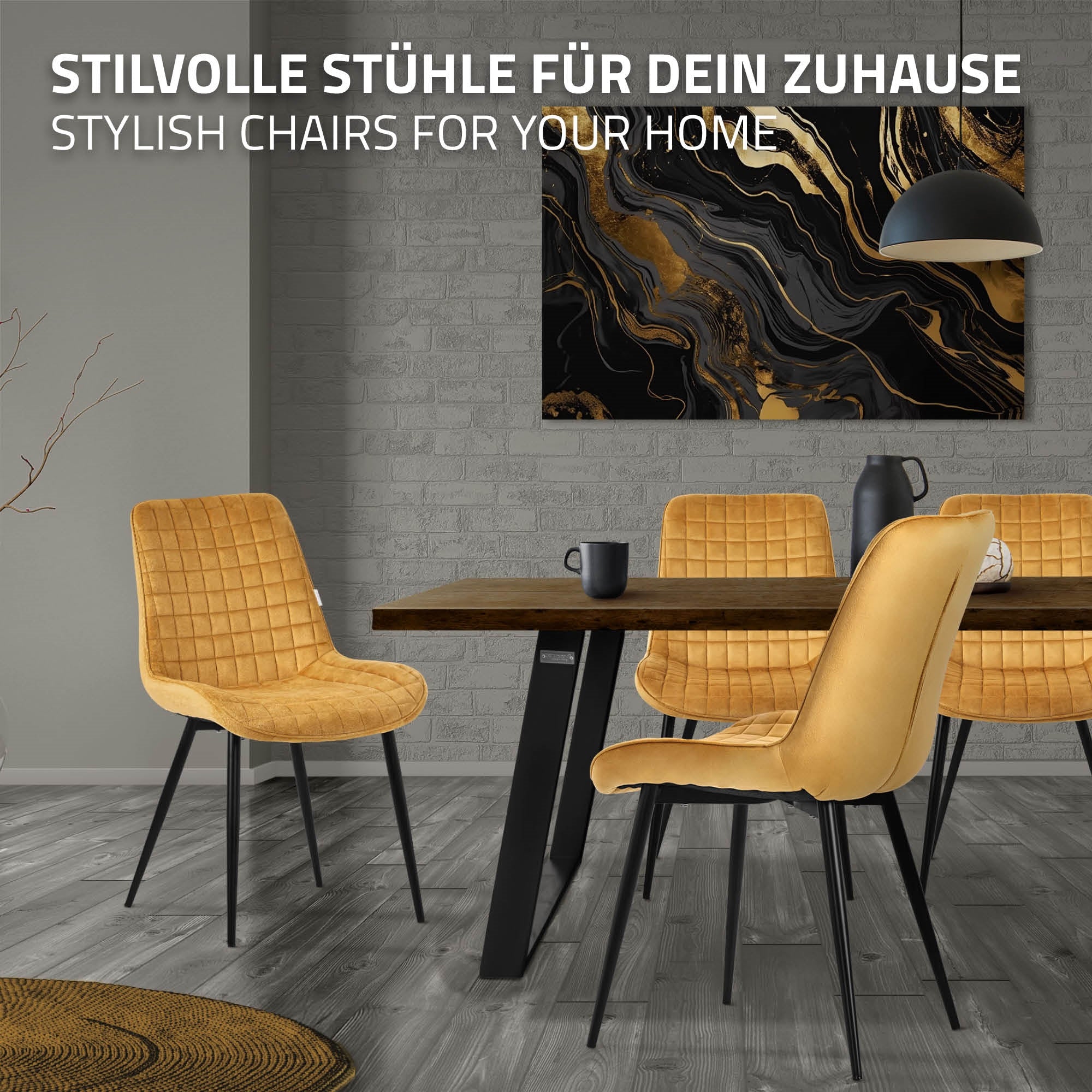 ECD Germany Möbel chaise salle à manger velours moutarde lot de 2