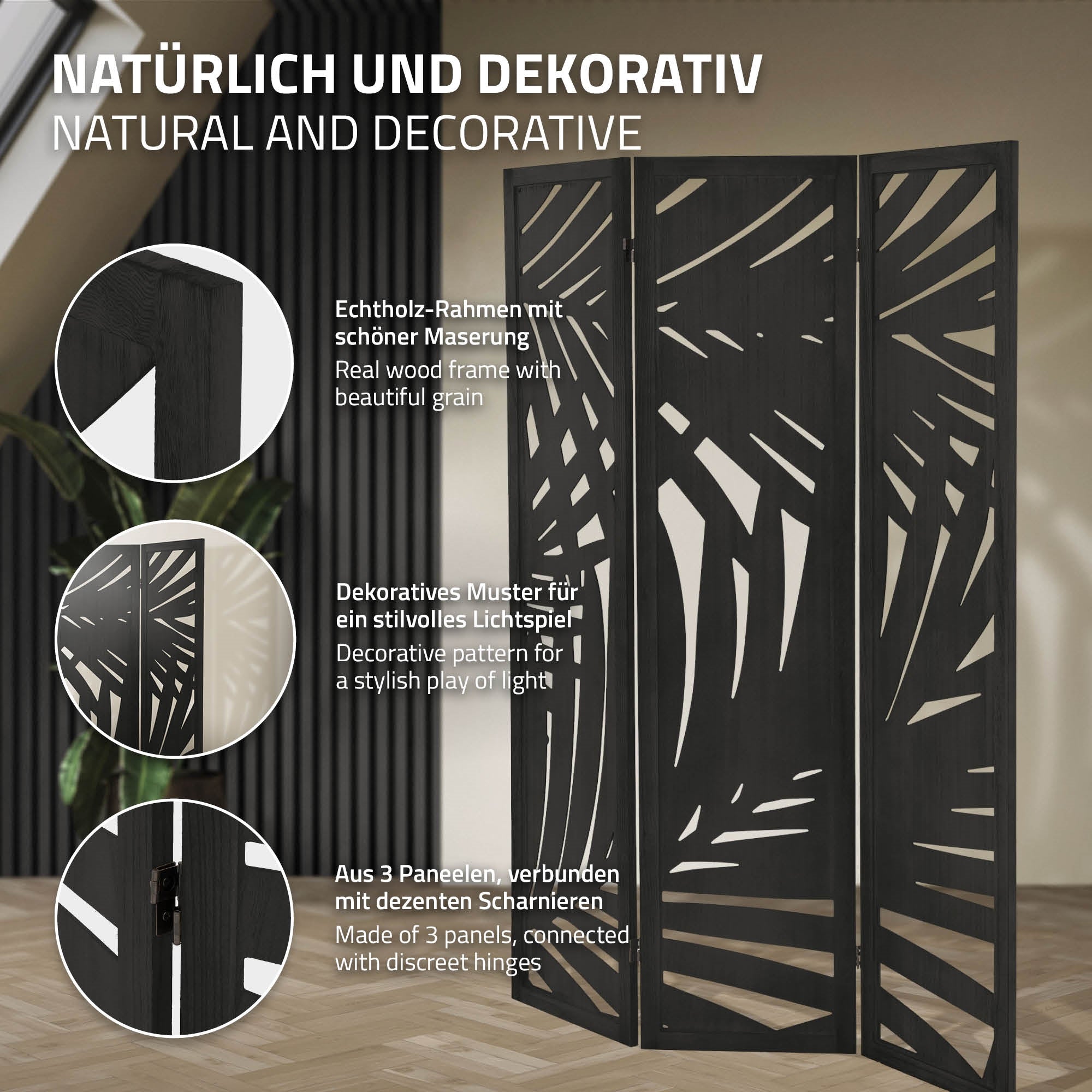 ECD Germany Sapporo paravent bois 3 volets noir 170x121 cm