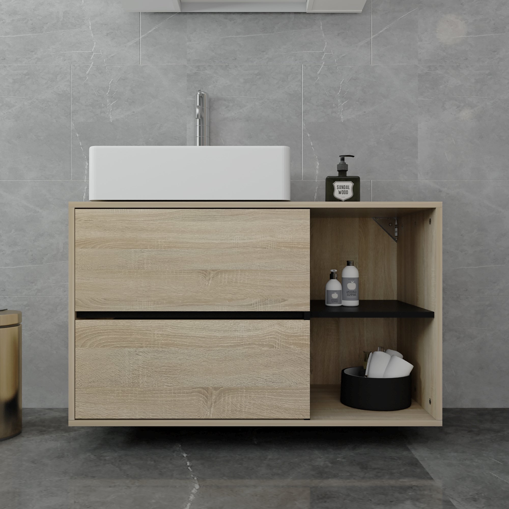 ECD Germany Sanitär meuble sous-vasque 100 cm marron noir 2 tiroirs