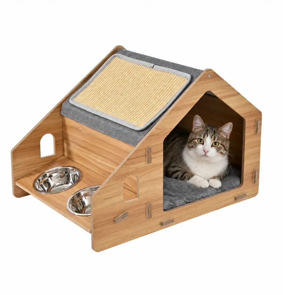 Stokomani Animalerie Maison chat bois gamelles griffoir