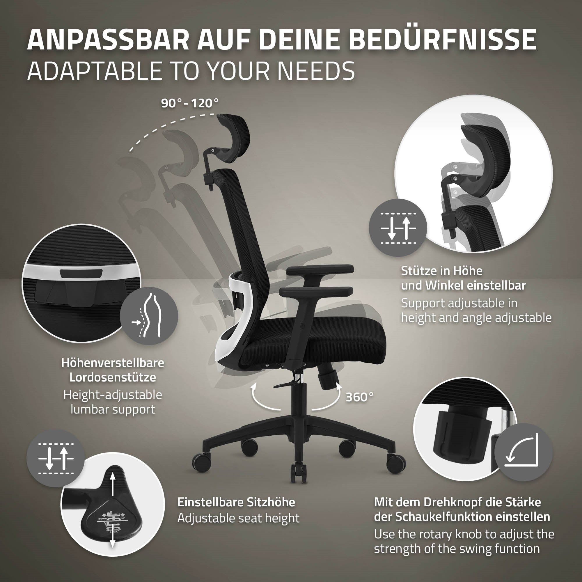 ECD Germany Möbel ML-Design chaise de bureau noire filet ergonomique