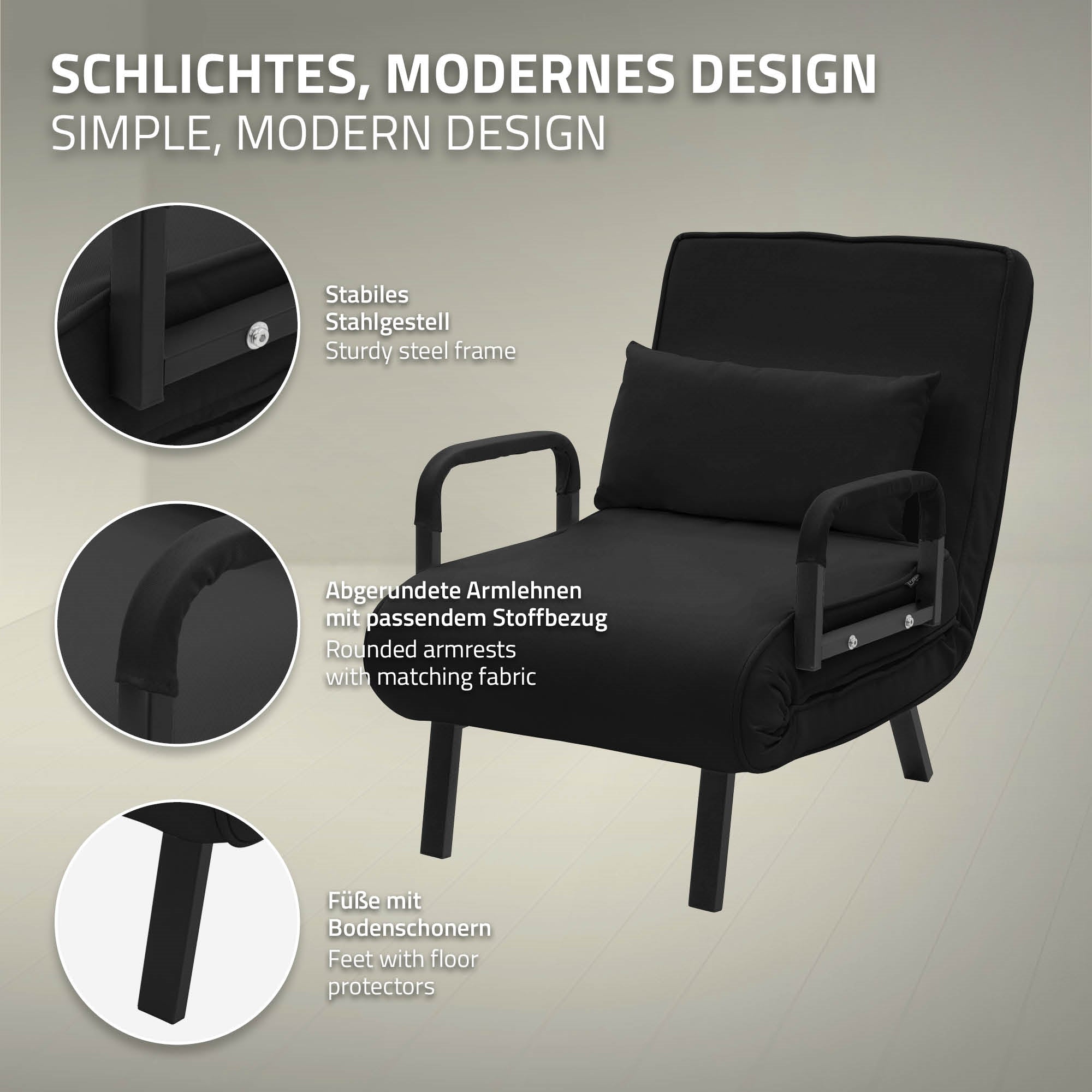 ECD Germany ML-Design fauteuil lit chenille noir 186x60 cm convertible