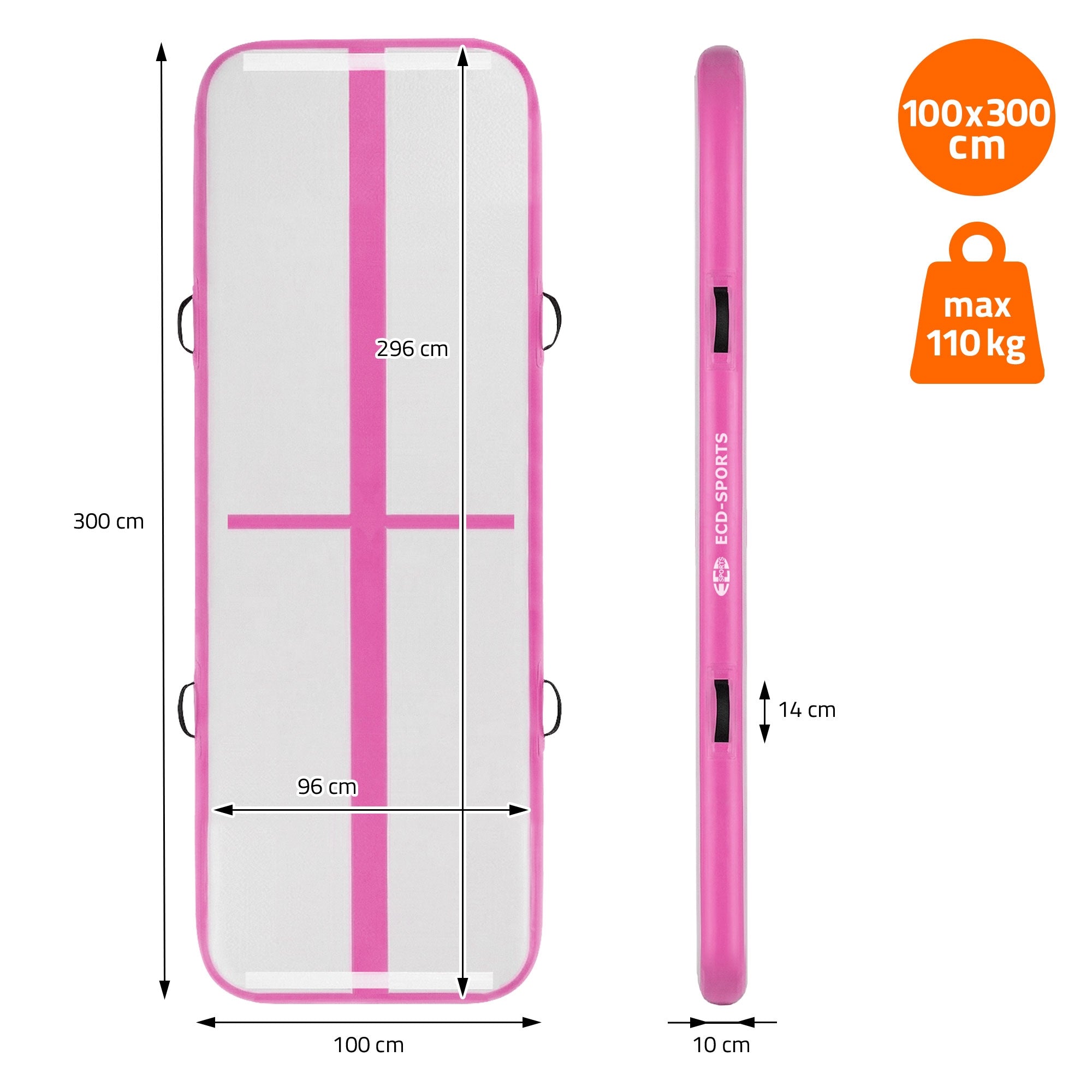 Airtrack Tapis gym gonflable 3m rose 10cm + pompe