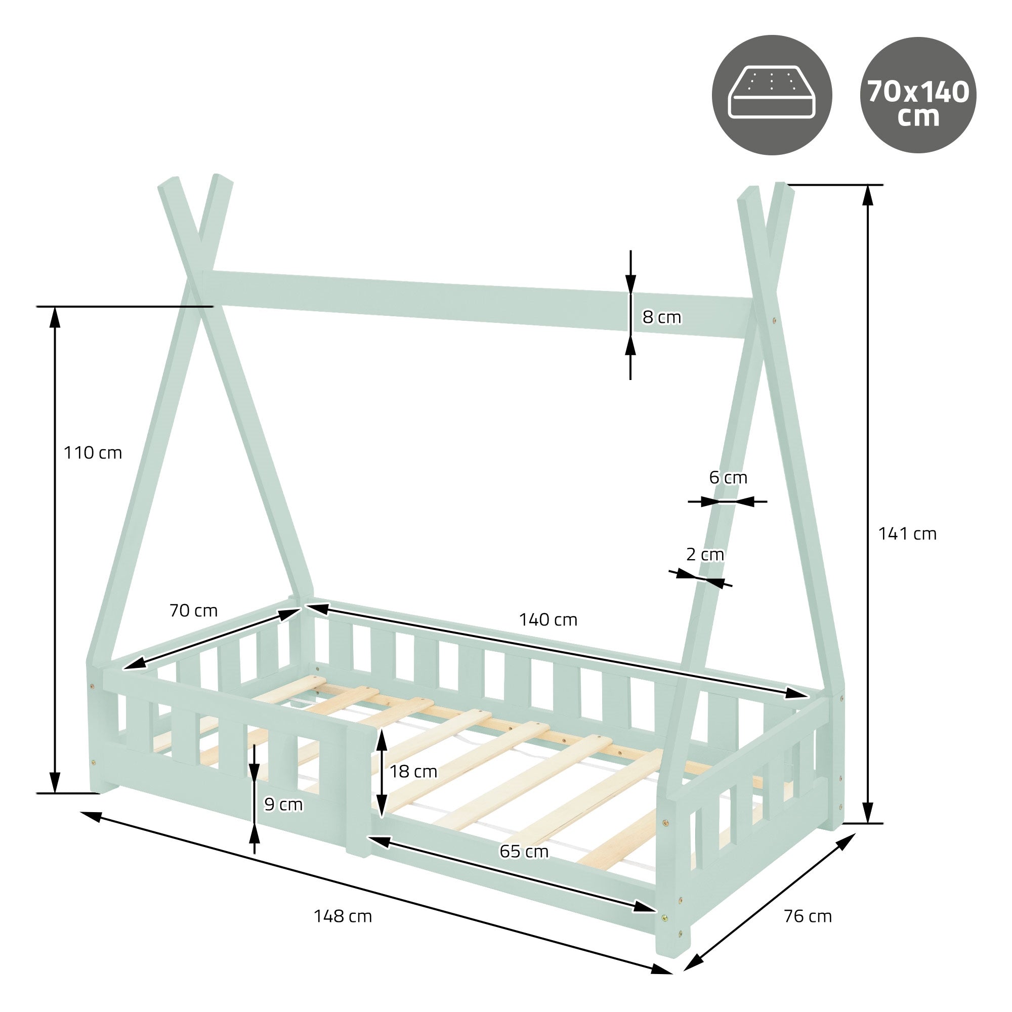 ECD Germany Kinder Lit cabane tipi pin menthe 70x140 cm + sommier