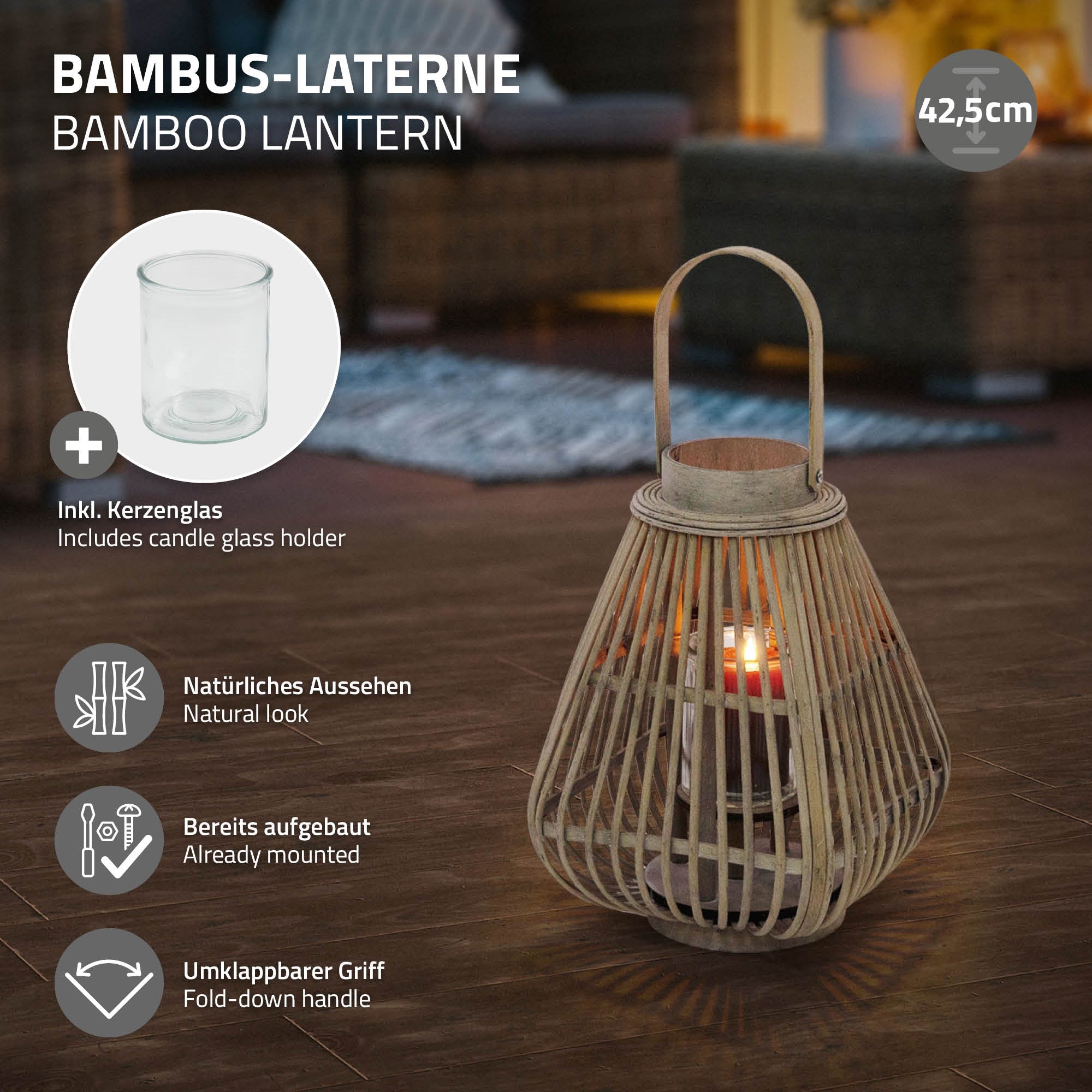 ECD Germany Garten lanterne bambou 42,5cm verre vent boho