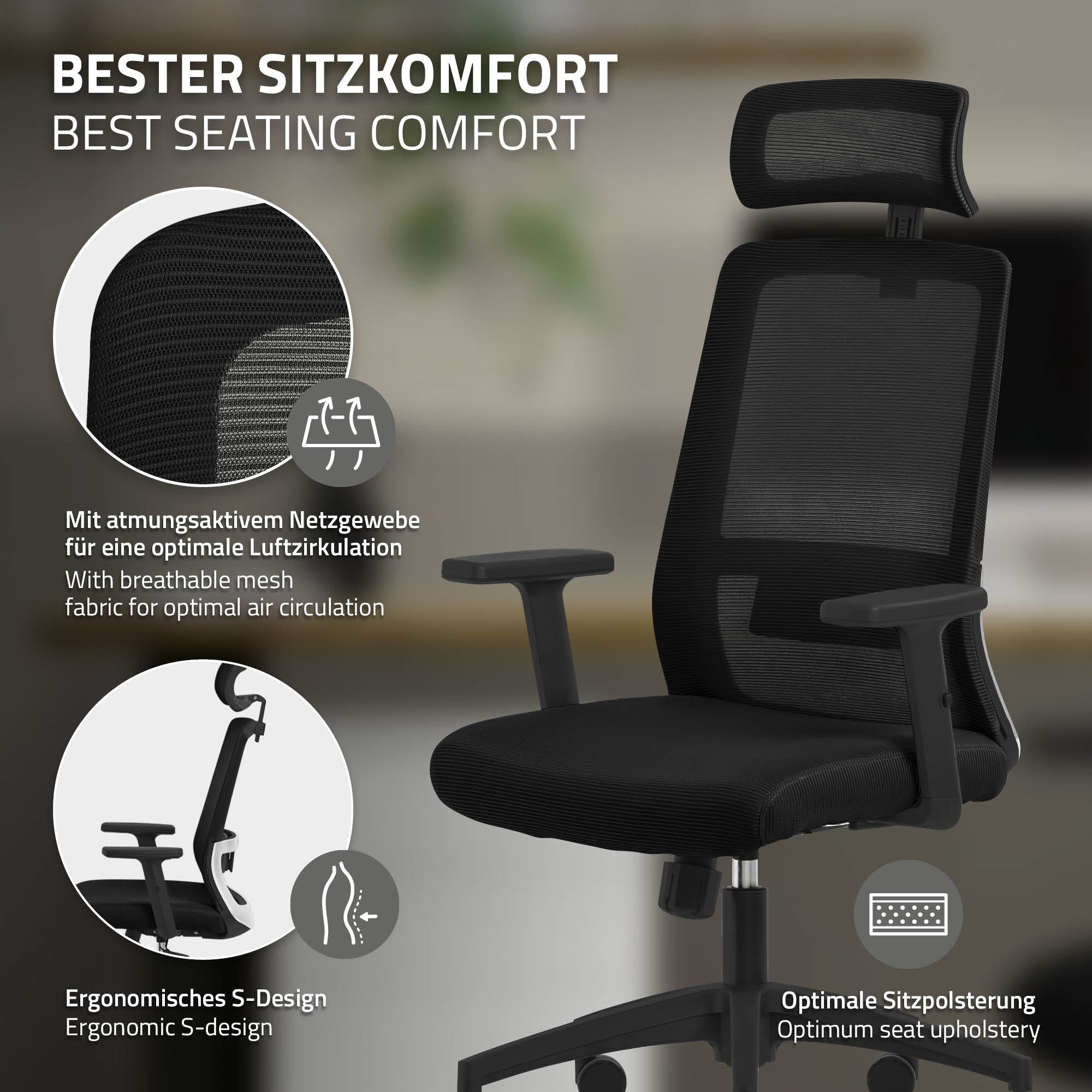 ECD Germany Möbel ML-Design chaise de bureau noire filet ergonomique