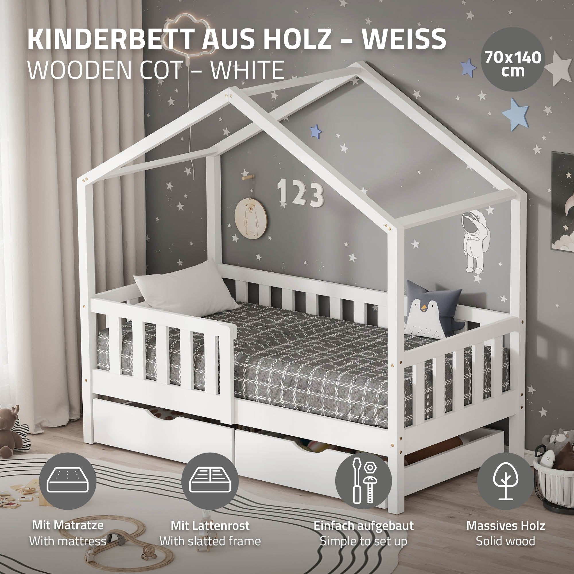 ECD Germany Kinder lit cabane enfant blanc 70x140 avec matelas