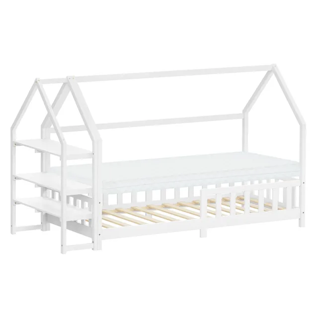 ML-Design Lit cabane enfant 90x200 blanc avec matelas 10 cm