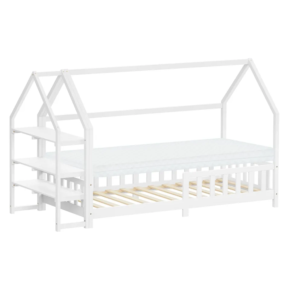 ML-Design Lit cabane enfant 90x200 blanc avec matelas 10 cm
