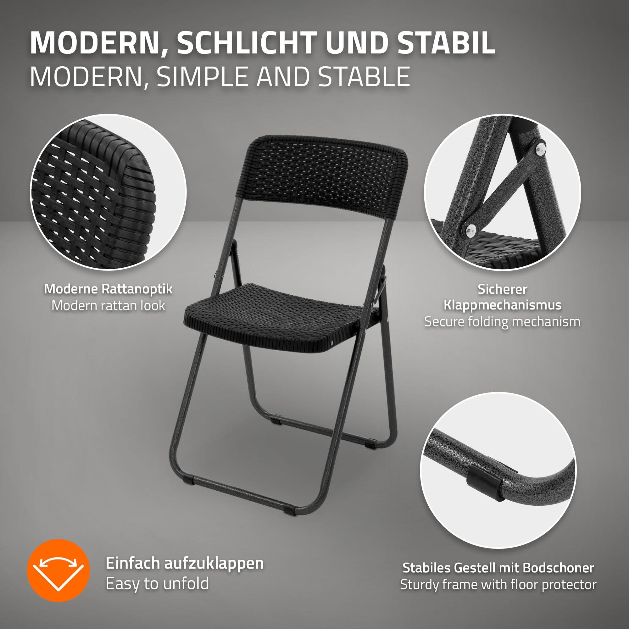 ECD Germany Garten chaise pliante noire 51x46x82 cm lot 4 rotin