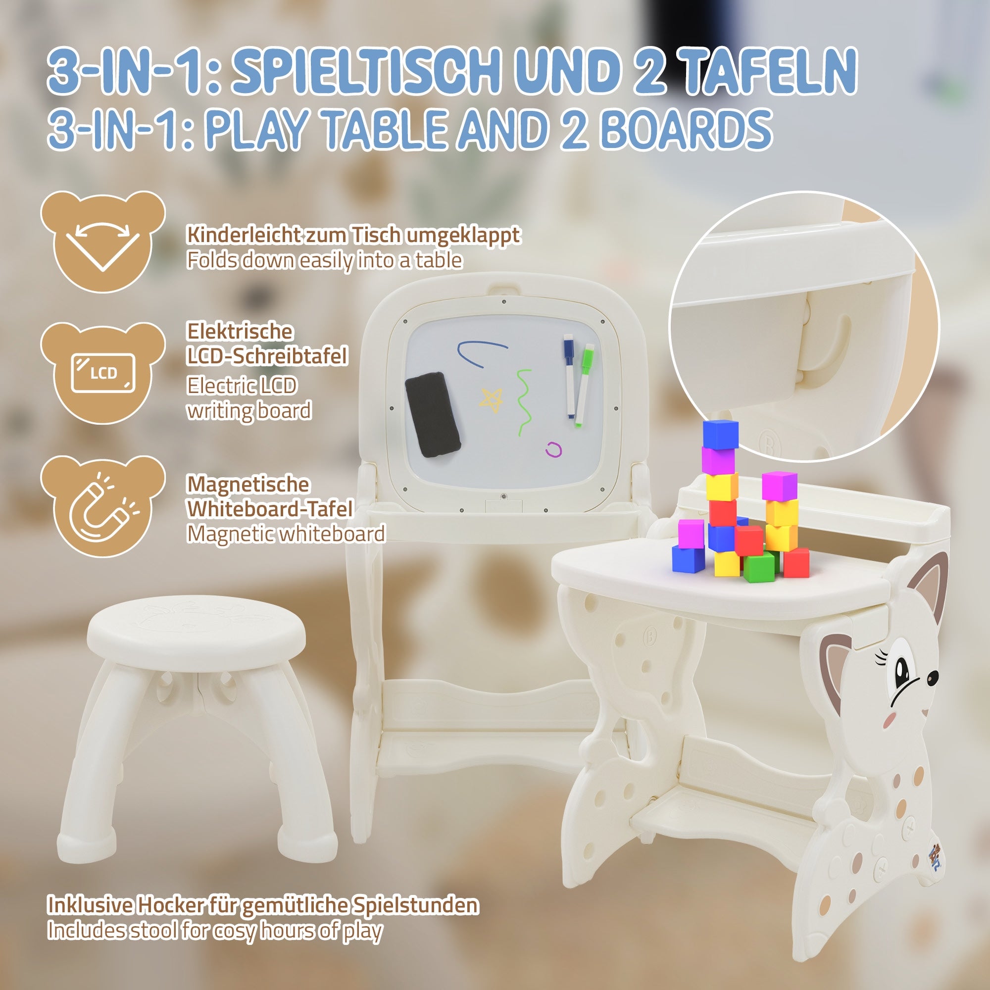 Joyz table enfant 3 en 1 blanche avec tabouret et accessoires