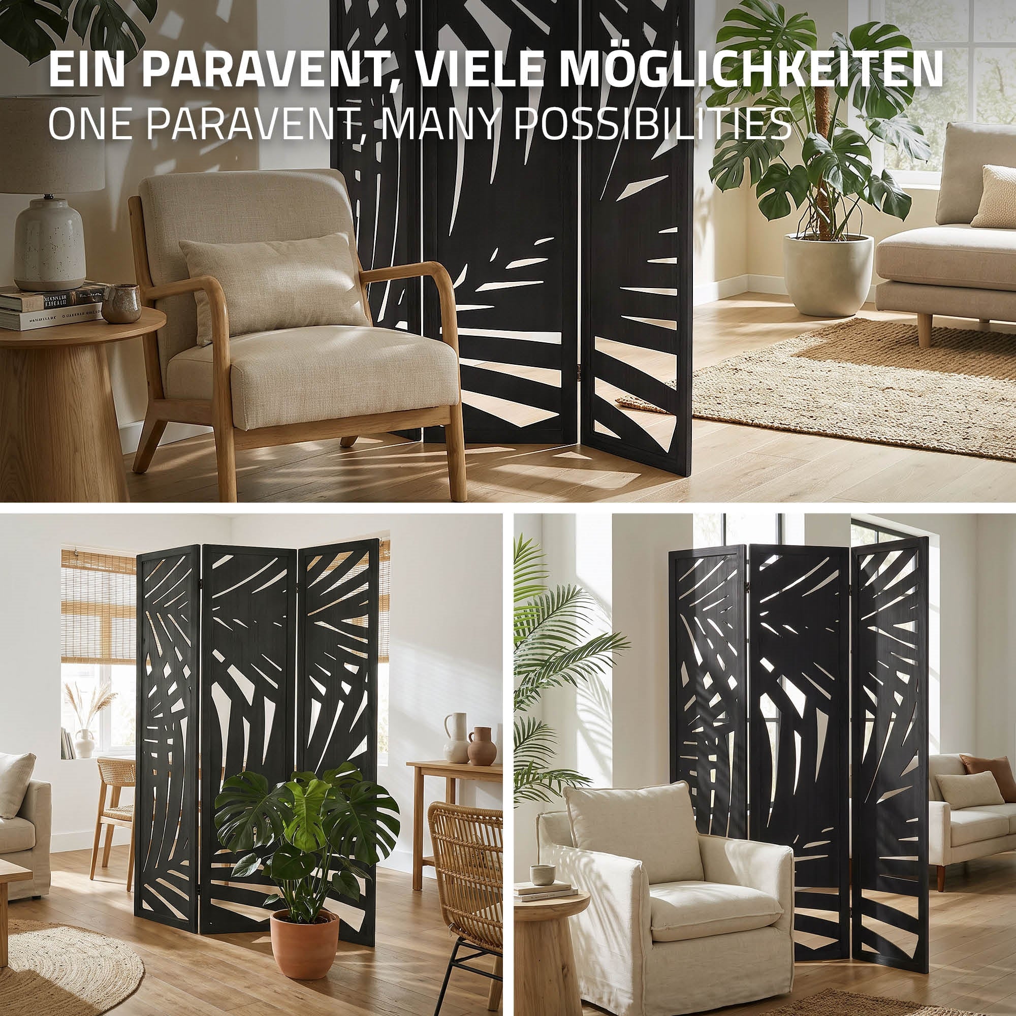ECD Germany Sapporo paravent bois 3 volets noir 170x121 cm