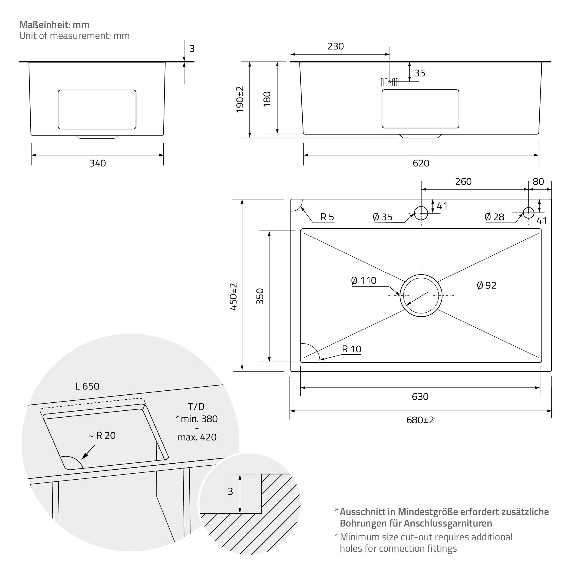 ECD Germany évier encastrable 68x45 cm anthracite inox 1 cuve
