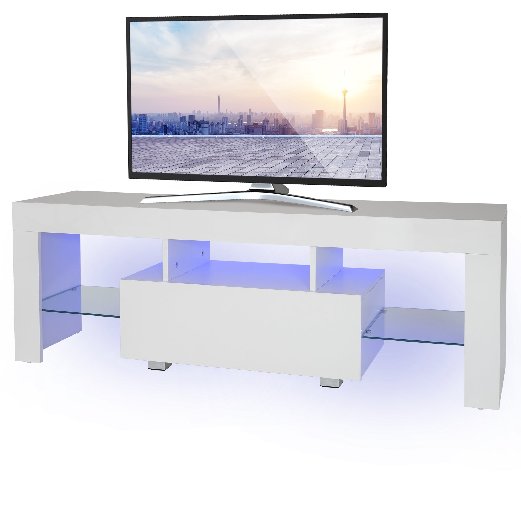 ML-Design meuble TV 130x49x45 blanc LED verre téléviseur