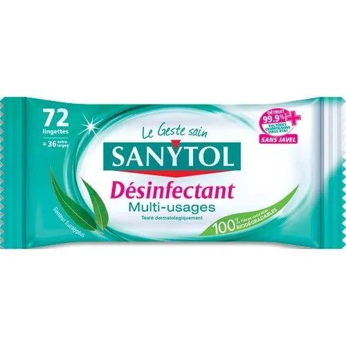 Sanytol lingettes désinfectantes x72 eucalyptus menthe