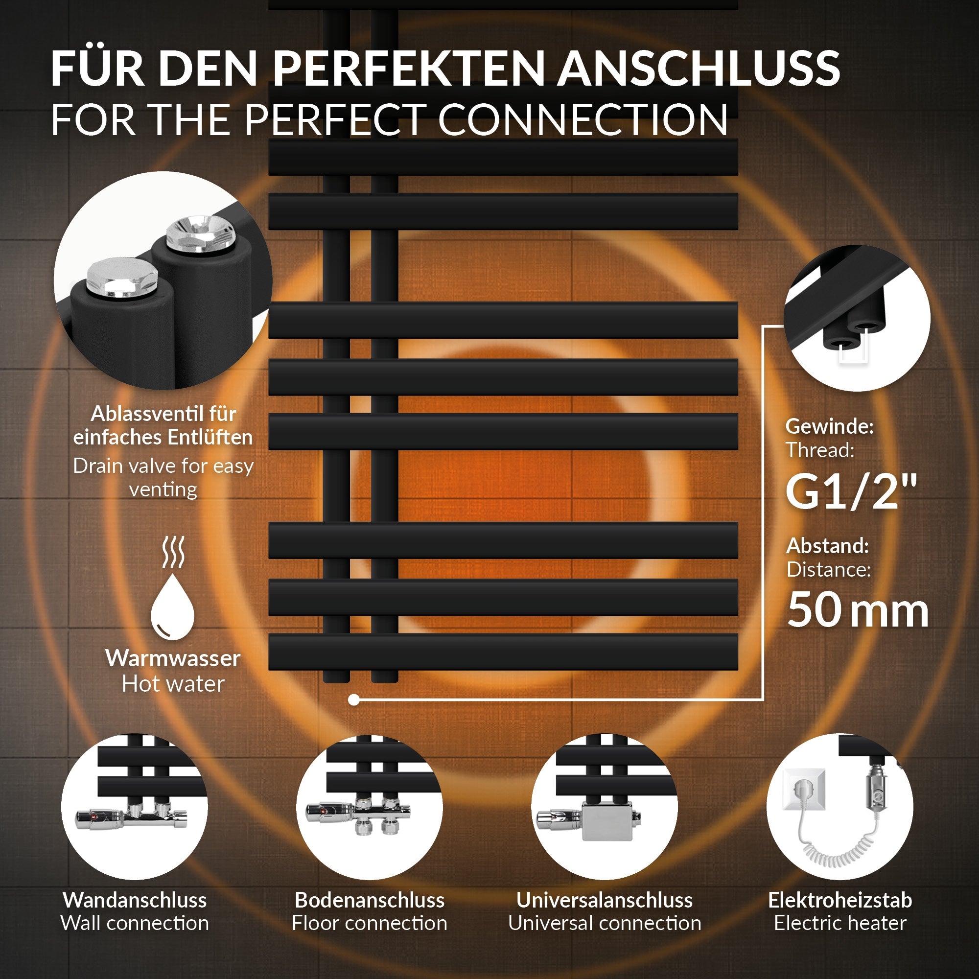 ECD Germany Heizungen Radiateur salle de bain noir mat 50x140