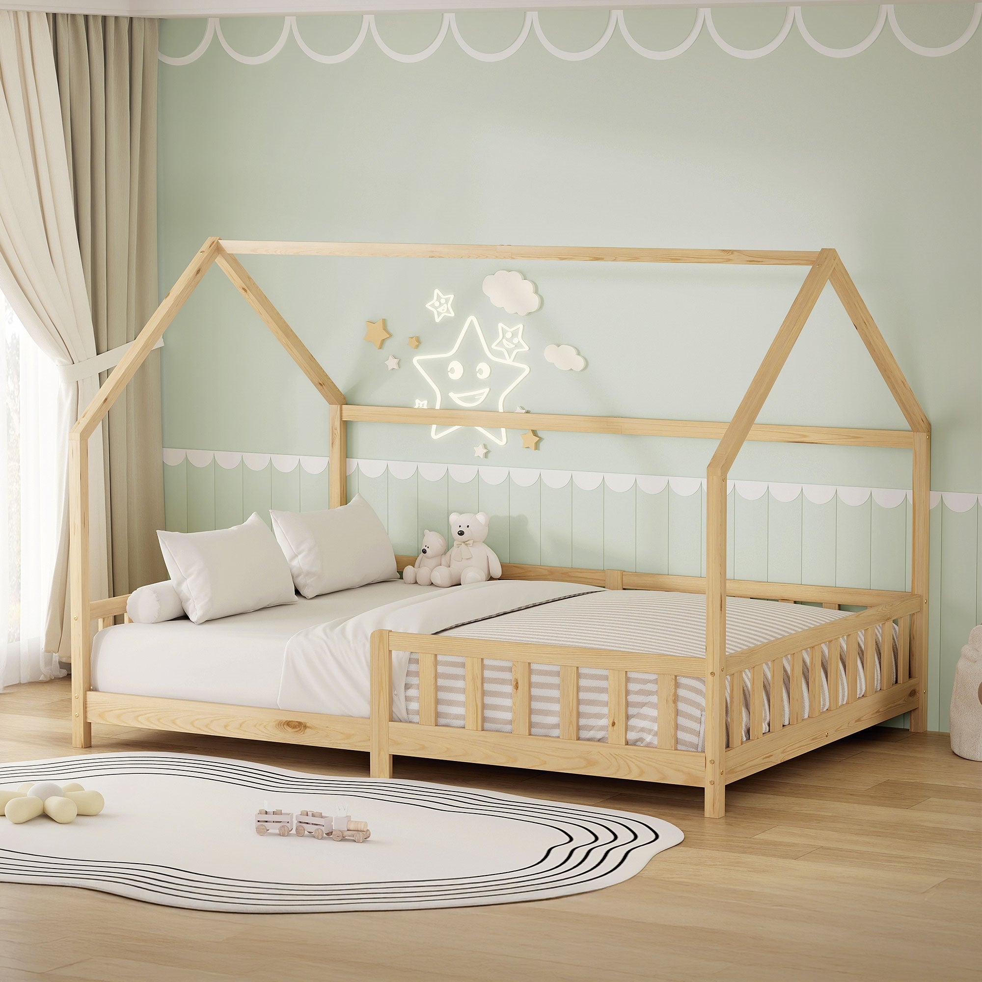 ECD Germany Lit cabane enfant 140x200 pin naturel barrière