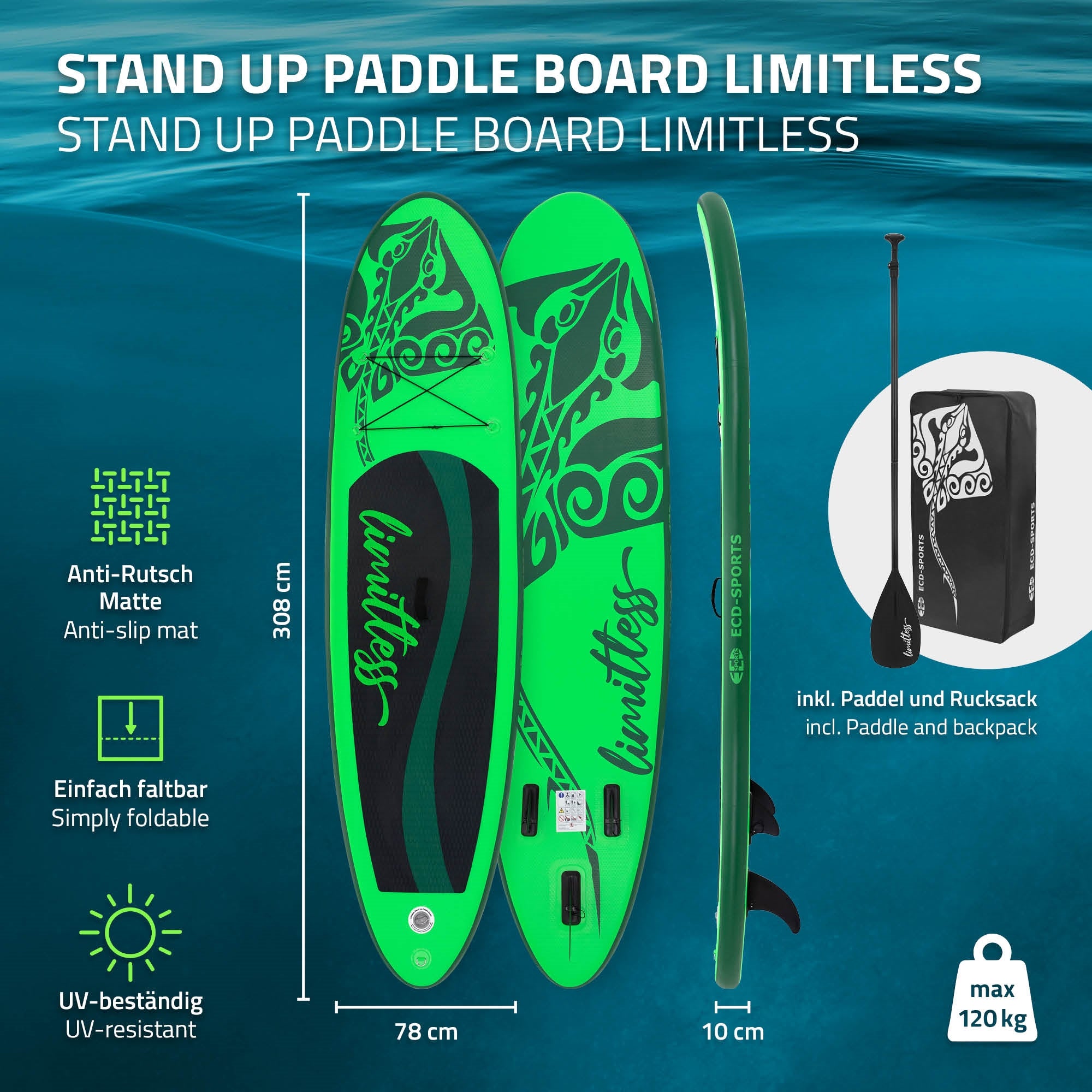 ECD Limitless 308x76x10 cm paddle gonflable vert PVC avec pompe