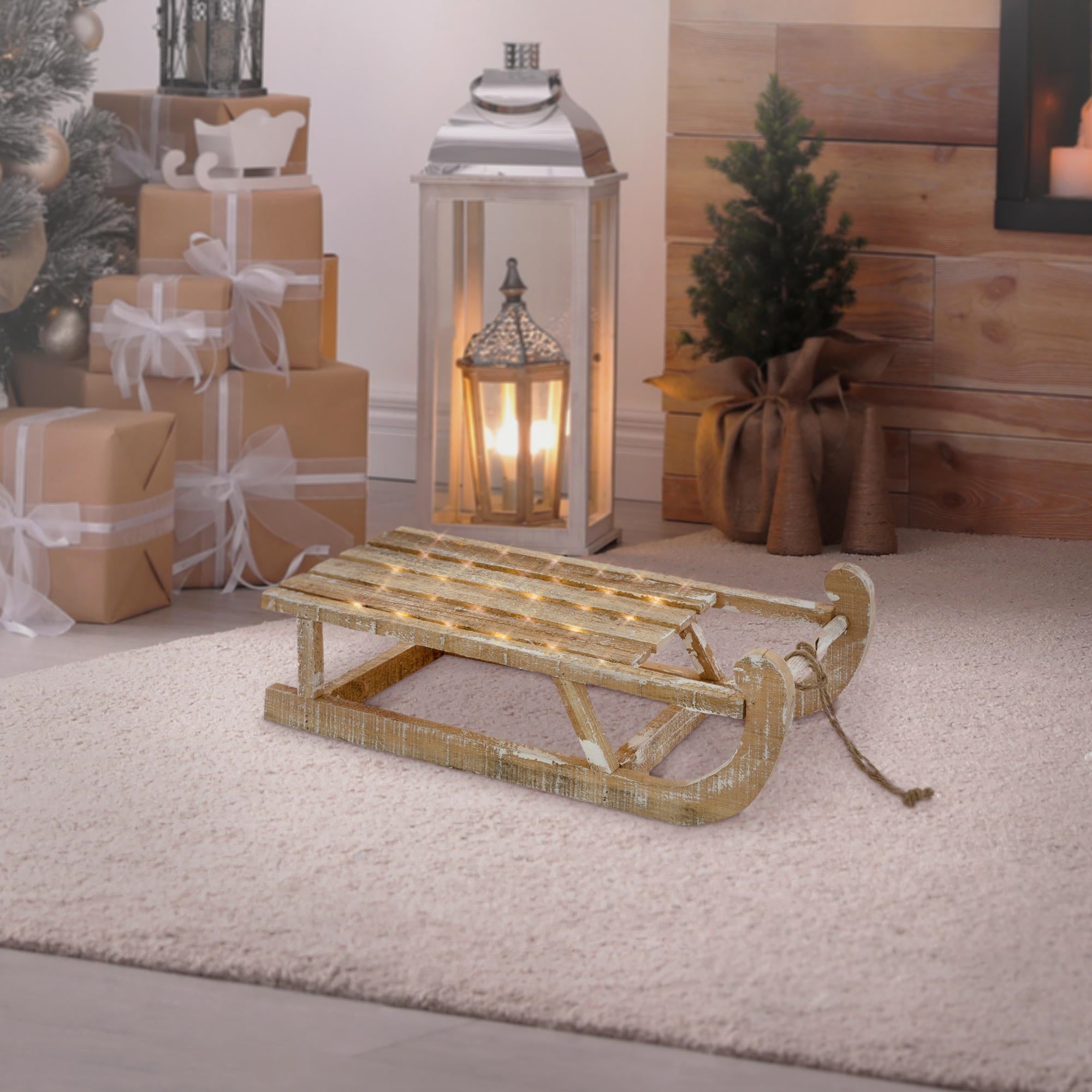 ECD Germany traîneau déco Noël bois marron 50,5 cm LED
