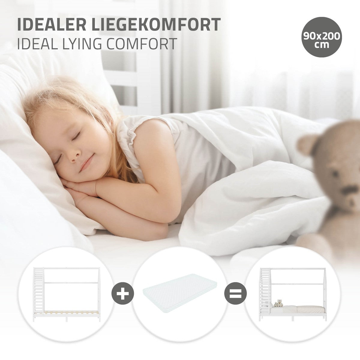 ECD Germany Kinder lit cabane blanc 90x200 cm pin sans matelas