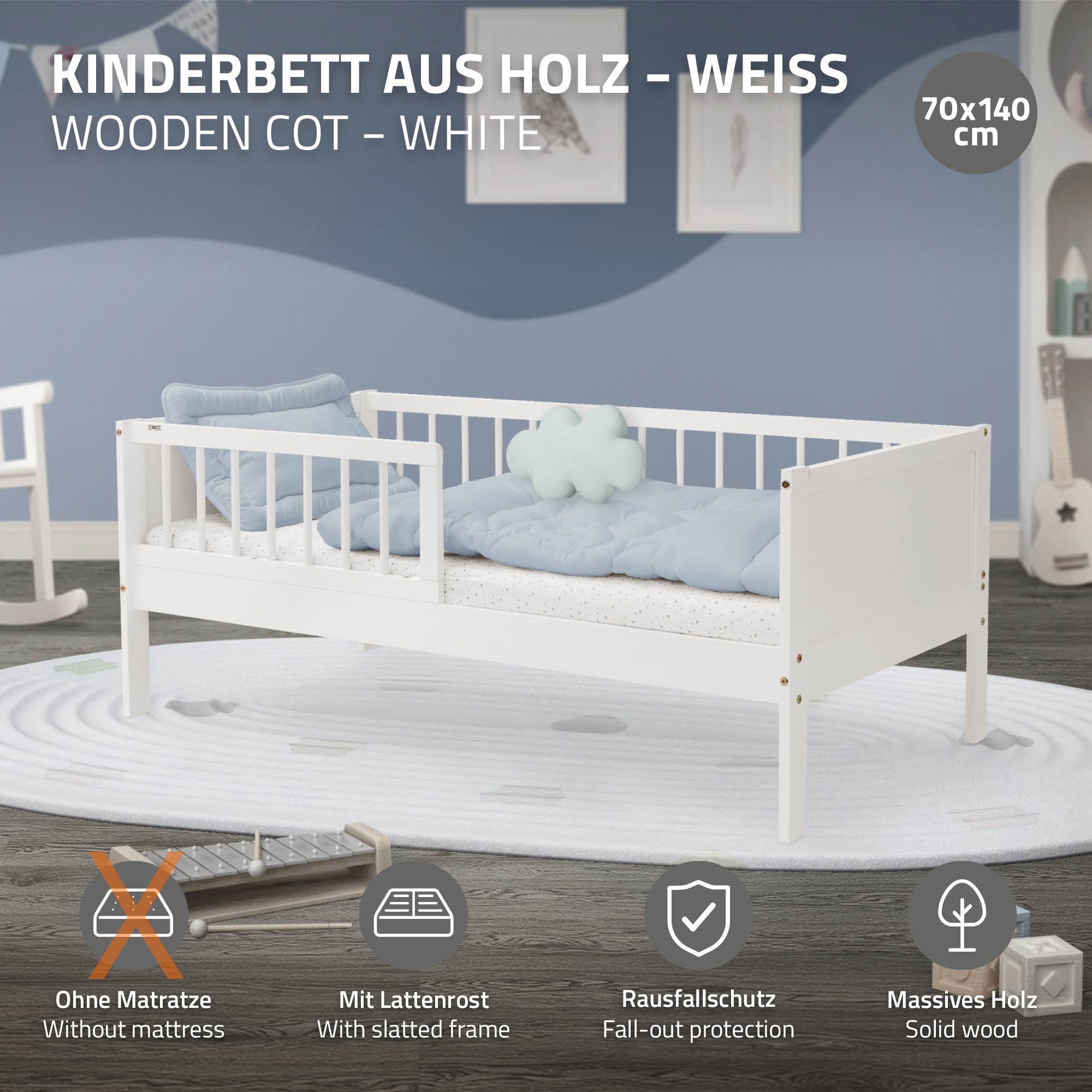 ECD Germany lit enfant 70x140 blanc pin avec barrière