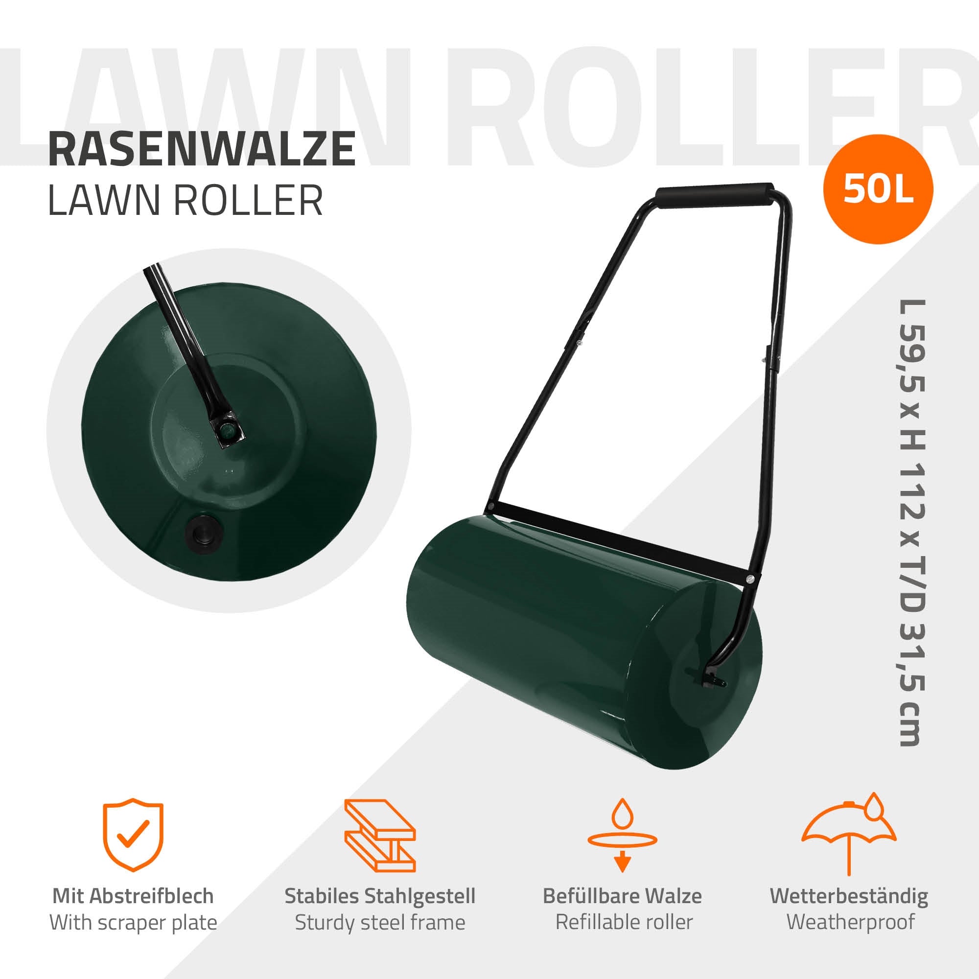 ECD Germany Garten Rouleau gazon 50 L vert 60 cm acier lesté