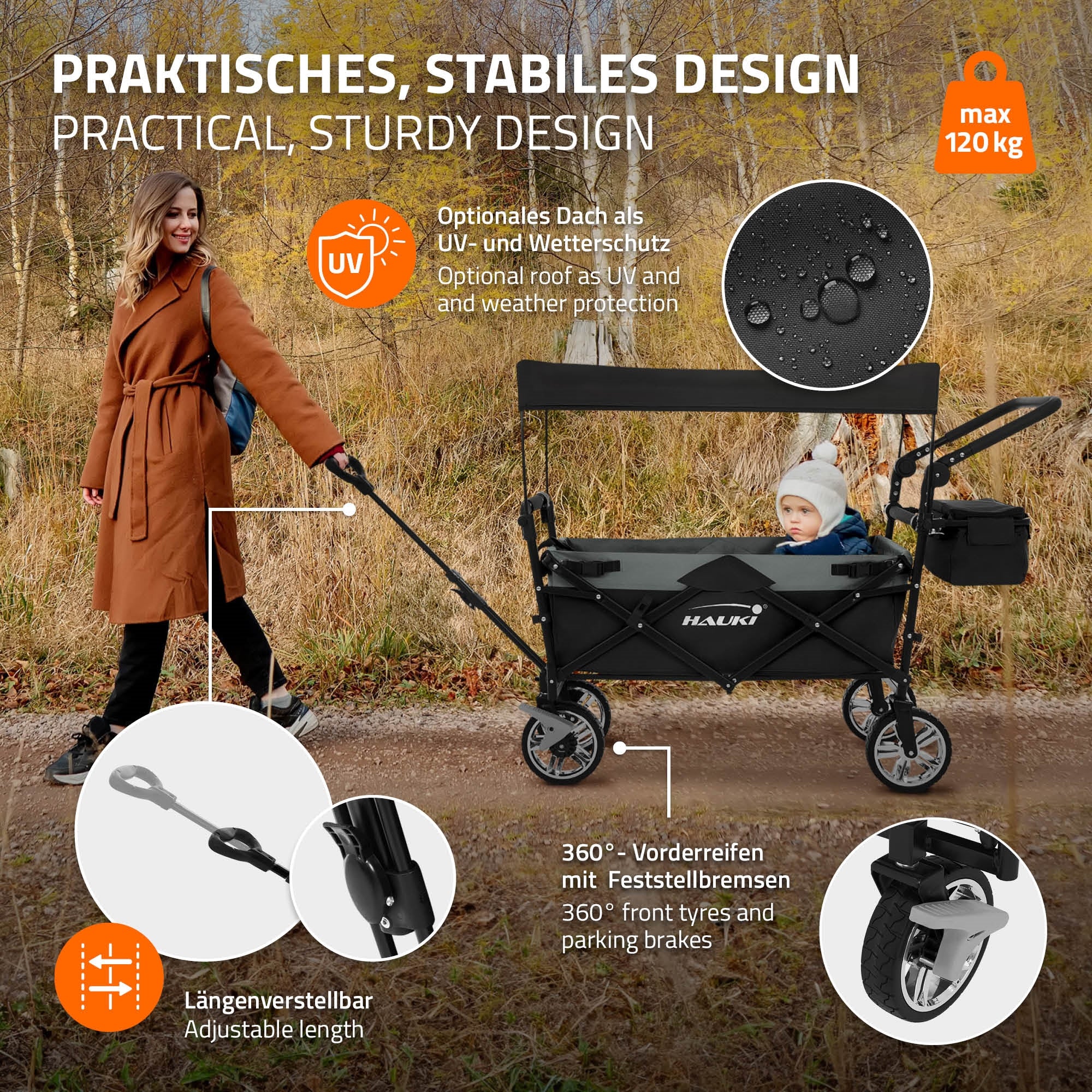 Hauki chariot pliable avec toit noir/gris 120 kg