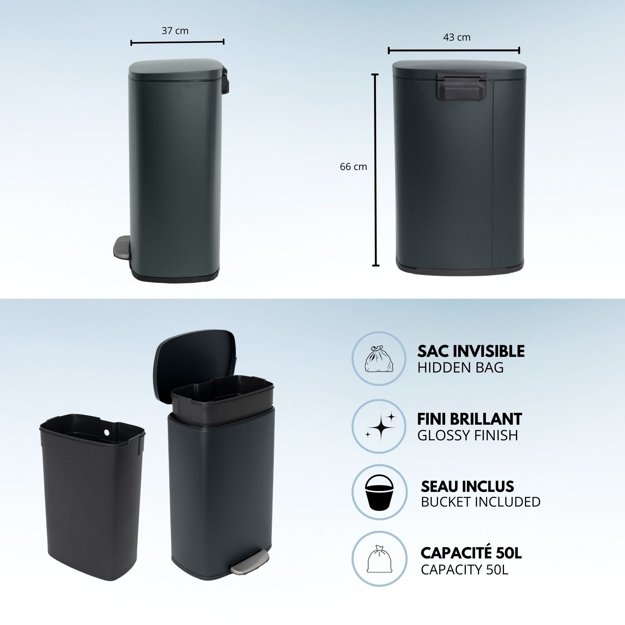 Red Deco Admiral Poubelle Cuisine Pédale 50L Gris Mat Inox