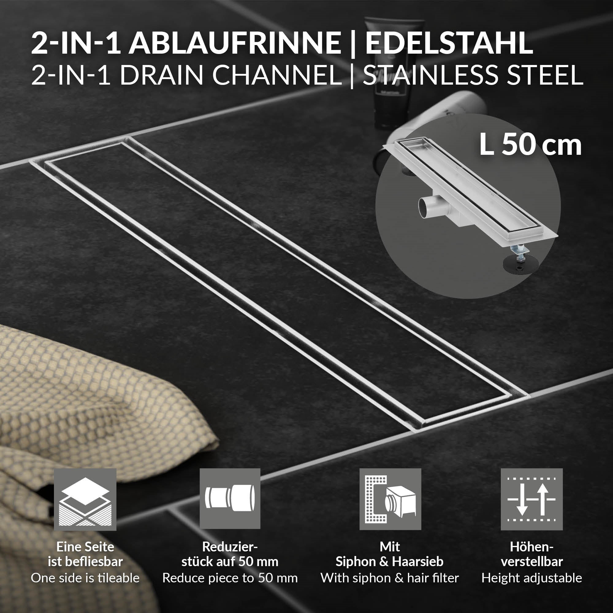 ECD Germany Sanitär Caniveau Douche Inox Noir 80 cm Carrelable