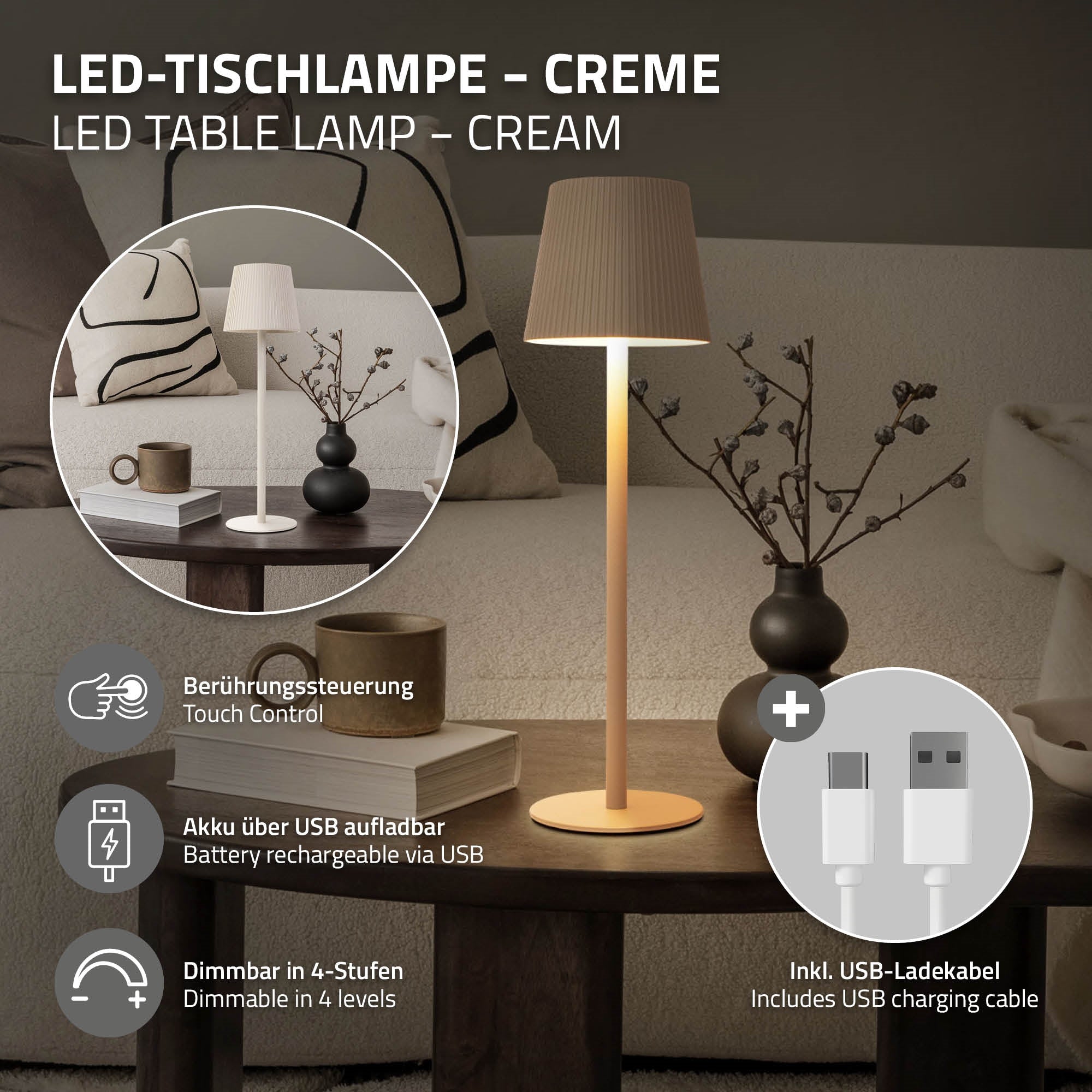 ECD Germany ML-Design lampe table LED sans fil crème Ø10x36