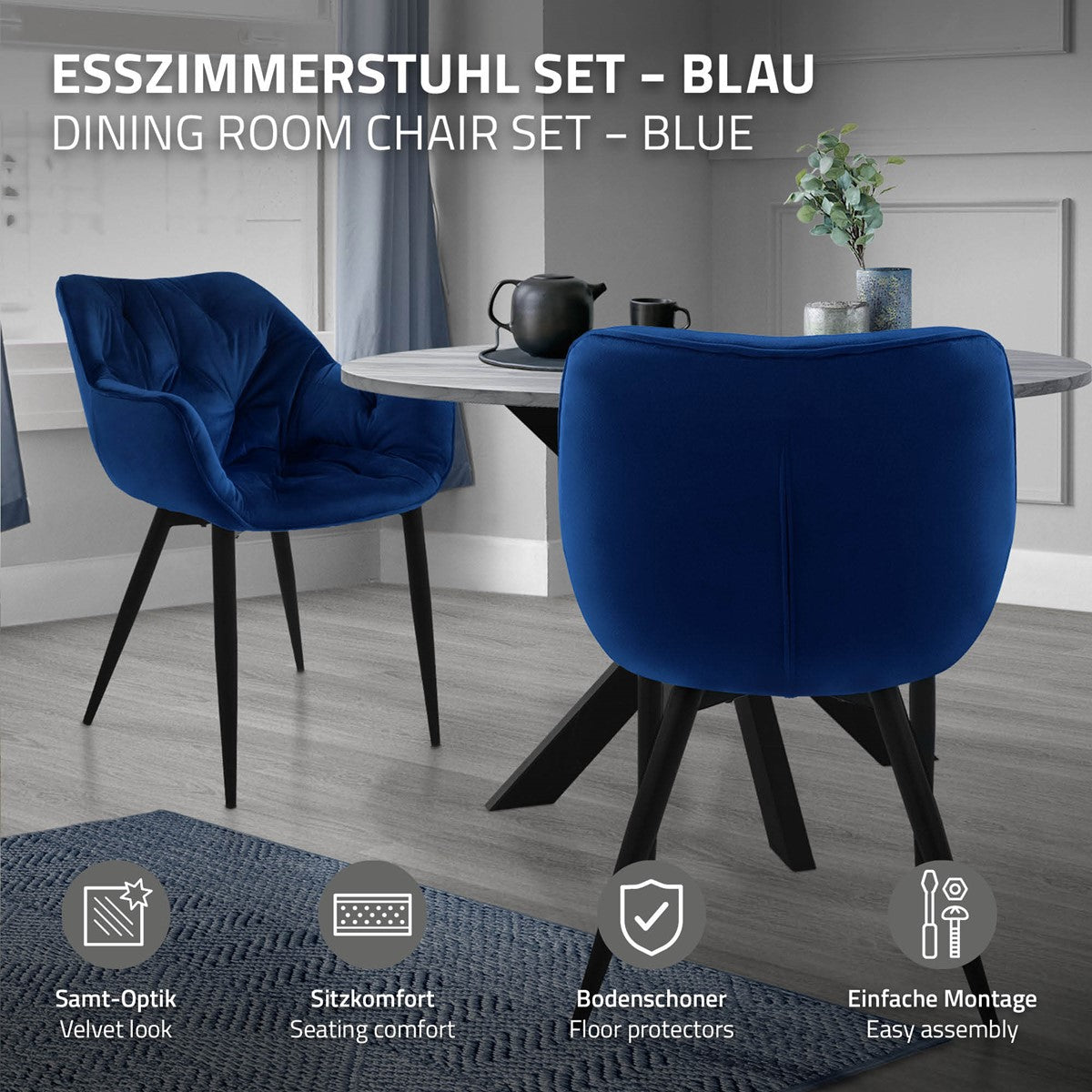 ECD Germany ML-Design lot 6 chaises velours bleu nuit