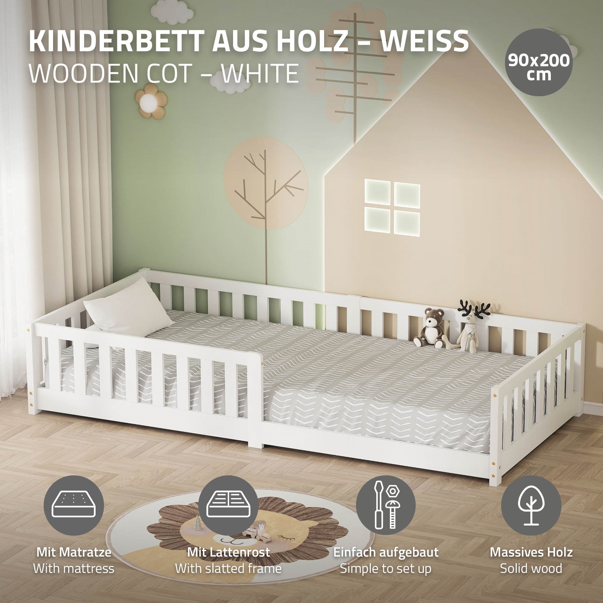 ECD Germany Kinder lit enfant 90x200 blanc avec matelas 10 cm