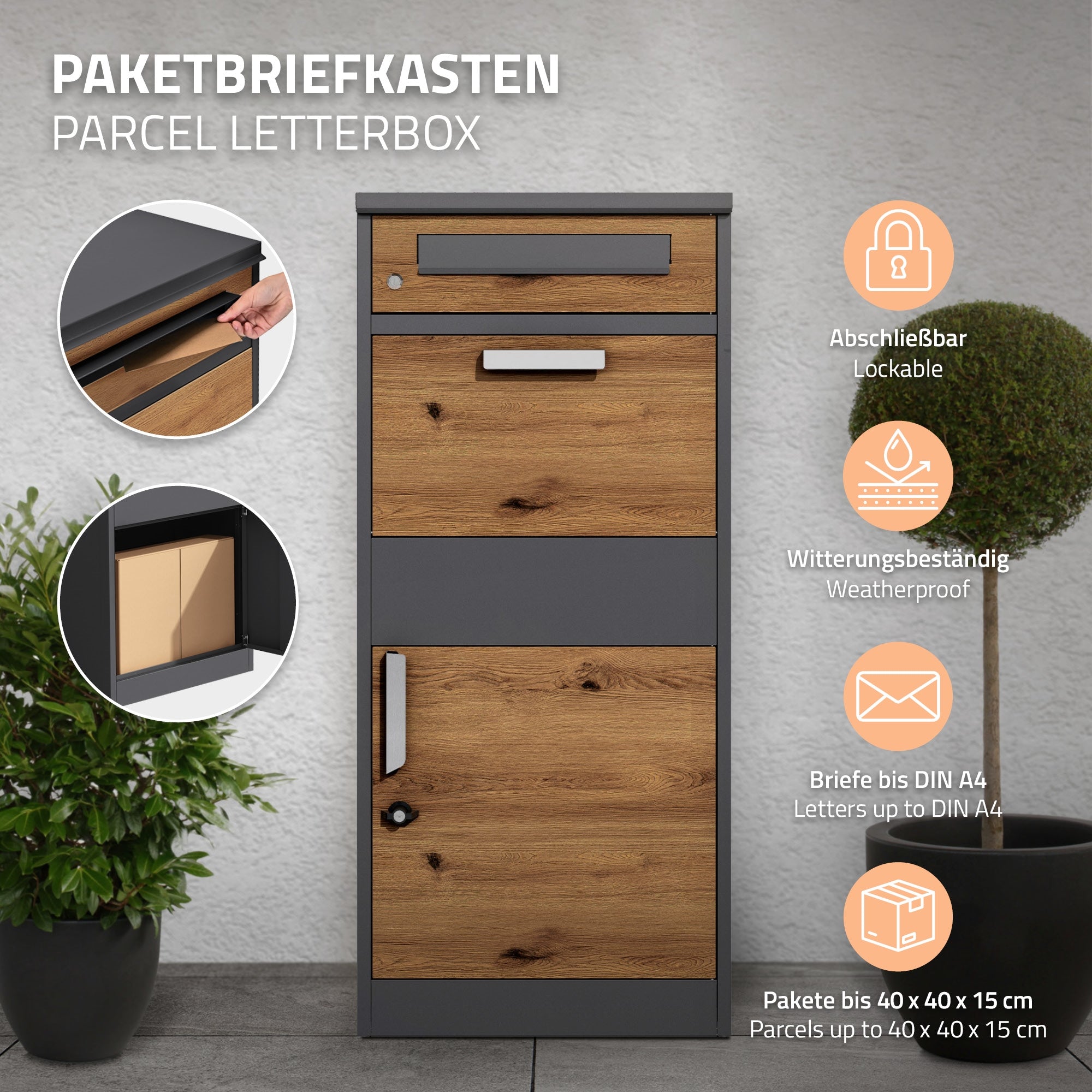 ECD Germany boîte aux lettres colis anthracite chêne 50x112x37