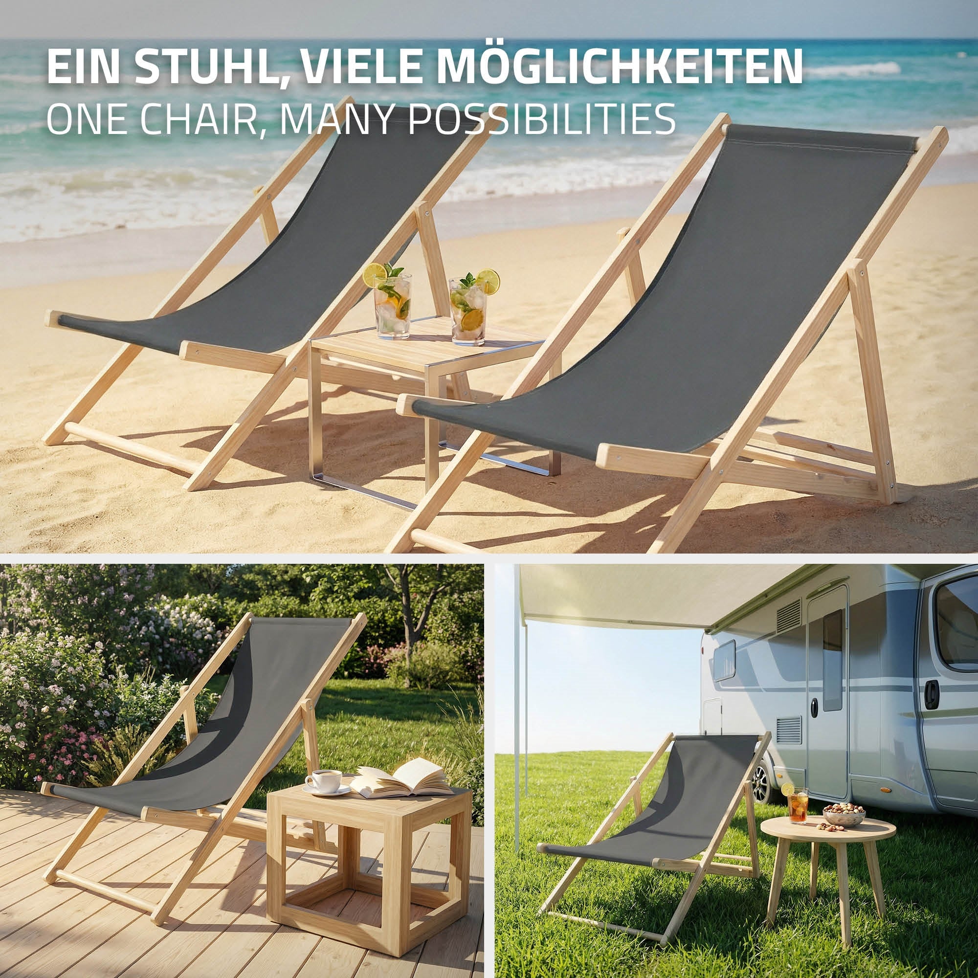 ECD Germany Sport bain de soleil bois anthracite pliable lot 2