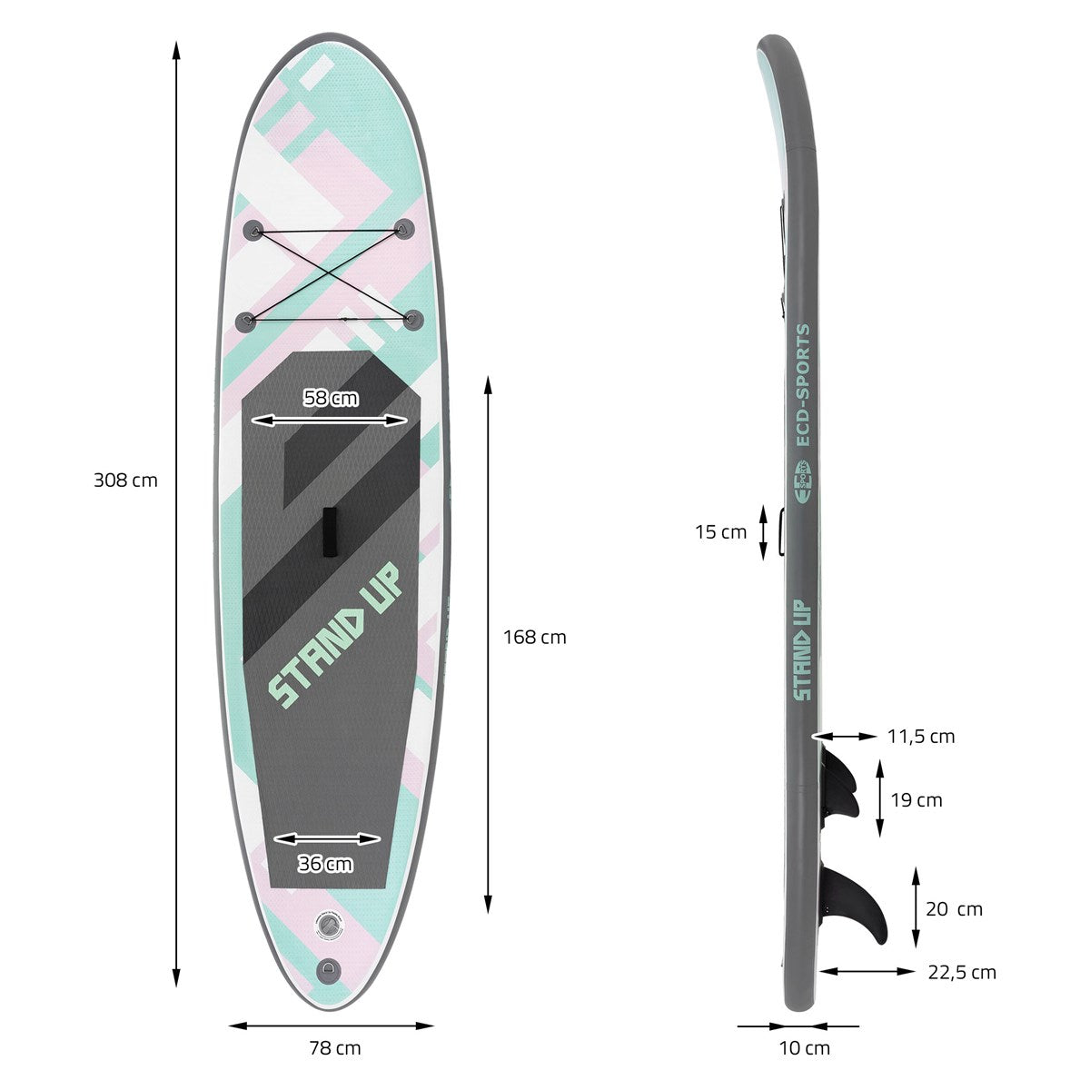 ECD Germany SUP paddle gonflable 308cm rose mint PVC + pompe