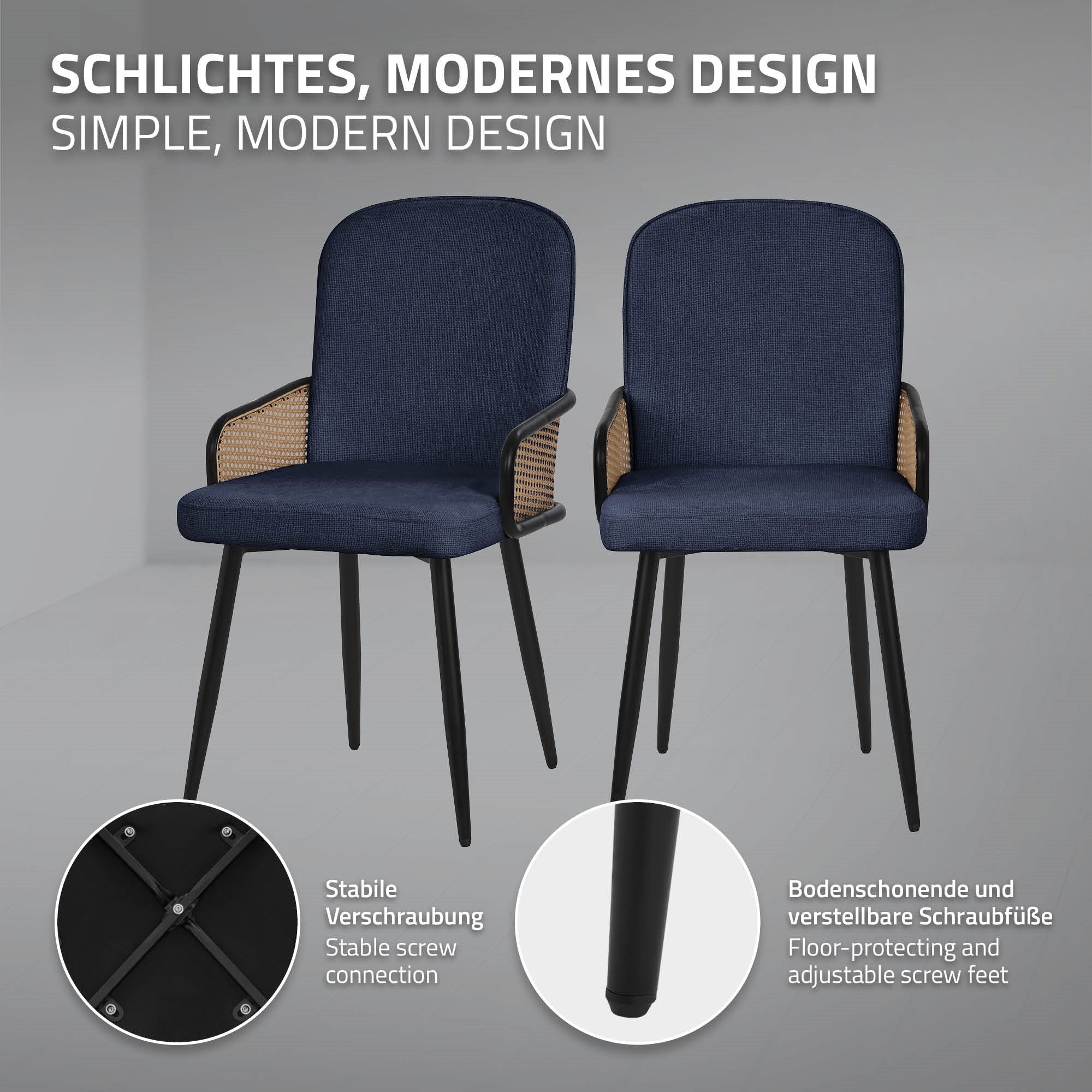 ECD Germany Möbel Lot 6 chaises bleu foncé tissu rotin accoudoirs