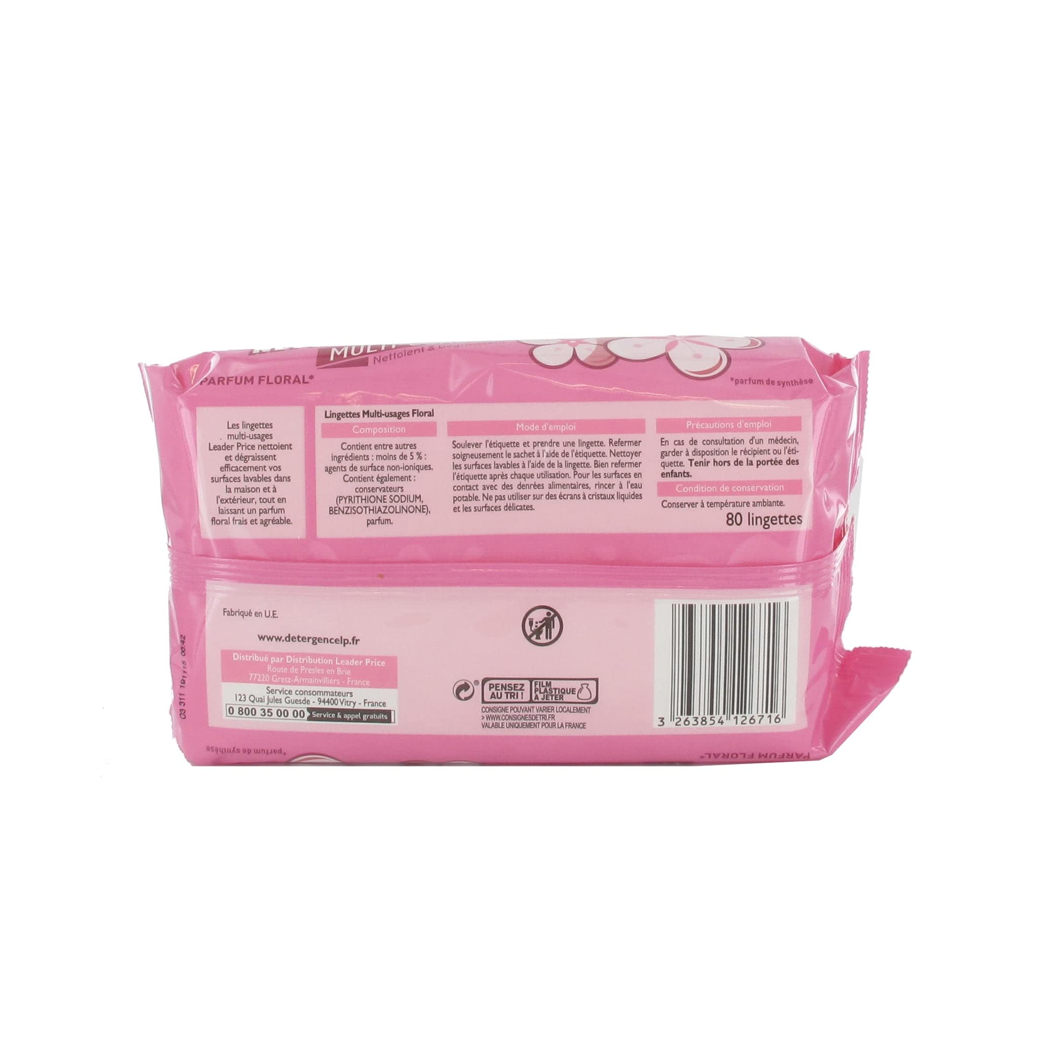 Leader Price lingettes nettoyantes multi-usages x80 lot 8 floral