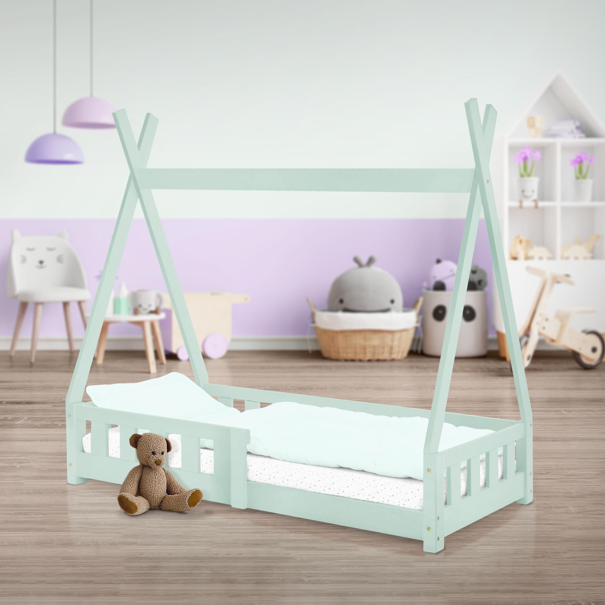 ECD Germany Kinder Lit cabane tipi pin menthe 70x140 cm + sommier
