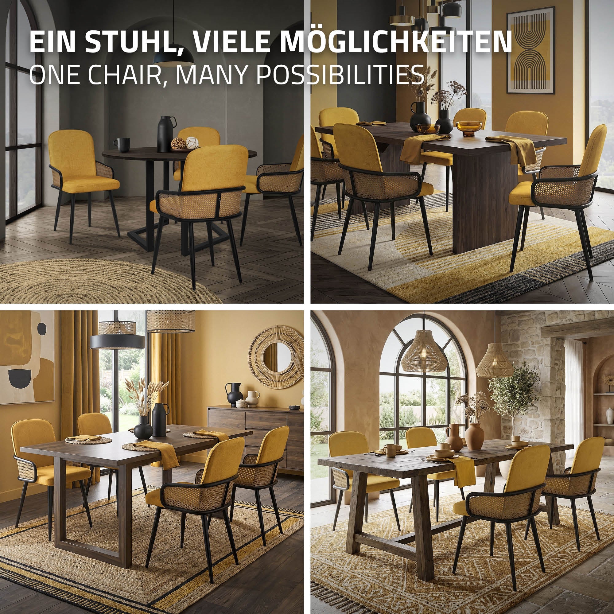 ECD Germany Möbel lot 2 chaises salle à manger moutarde rotin