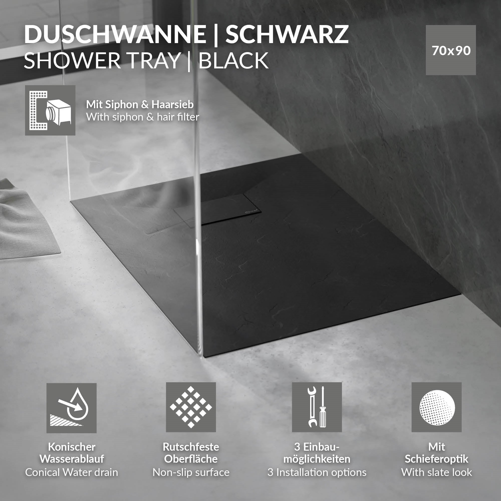 ECD Germany Sanitär receveur douche 90x70 cm noir anti-dérapant