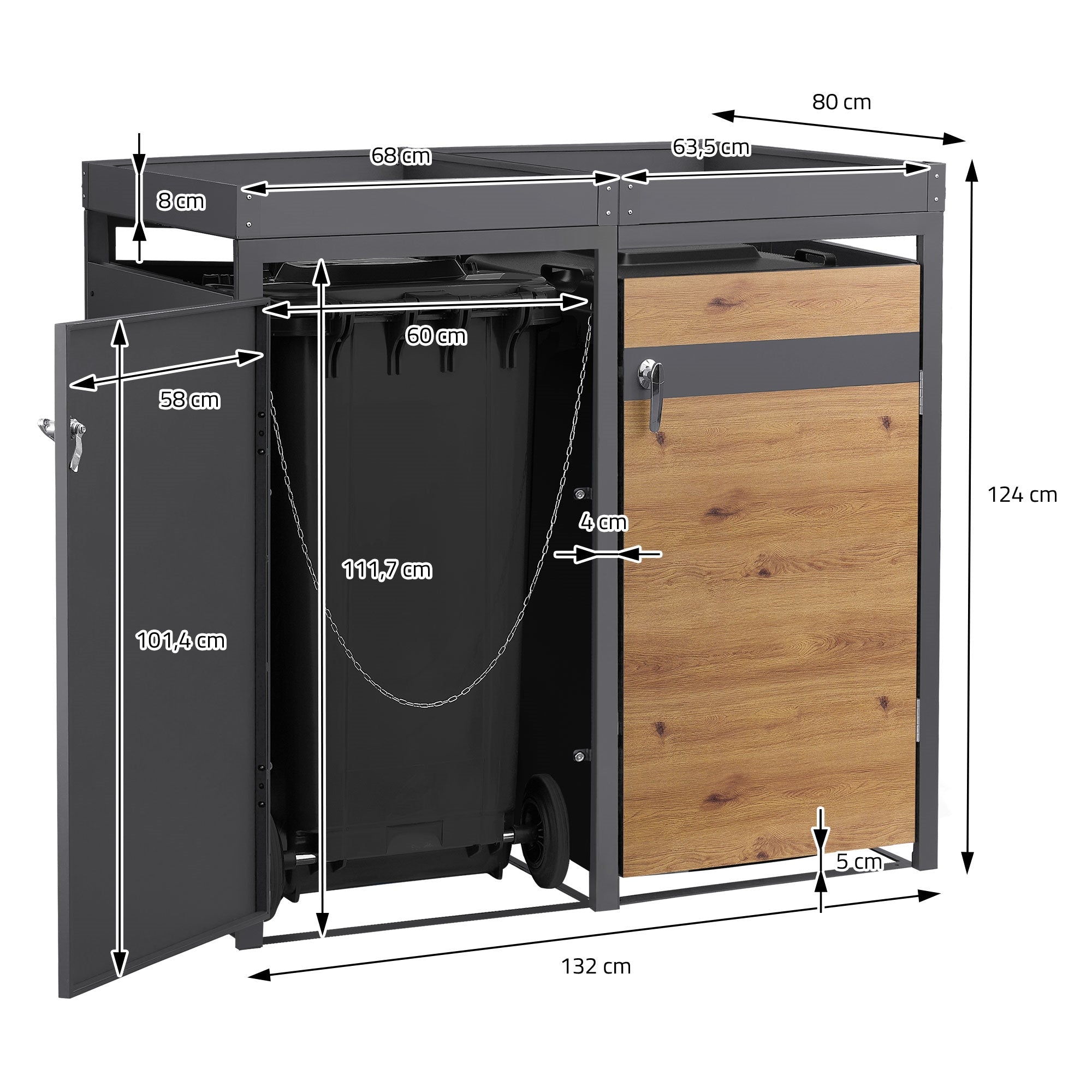 ECD Germany Garten cache-poubelle 4 264x80x124 cm chêne acier